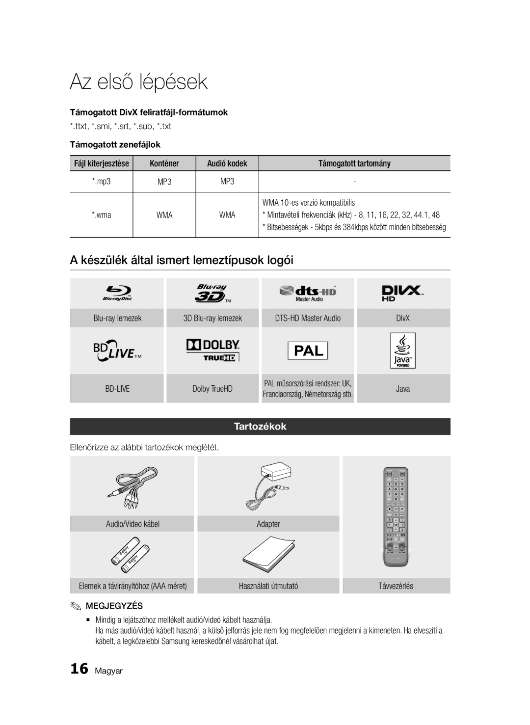 Samsung BD-D7000/EN manual Készülék által ismert lemeztípusok logói, Tartozékok, Támogatott DivX feliratfájl-formátumok 