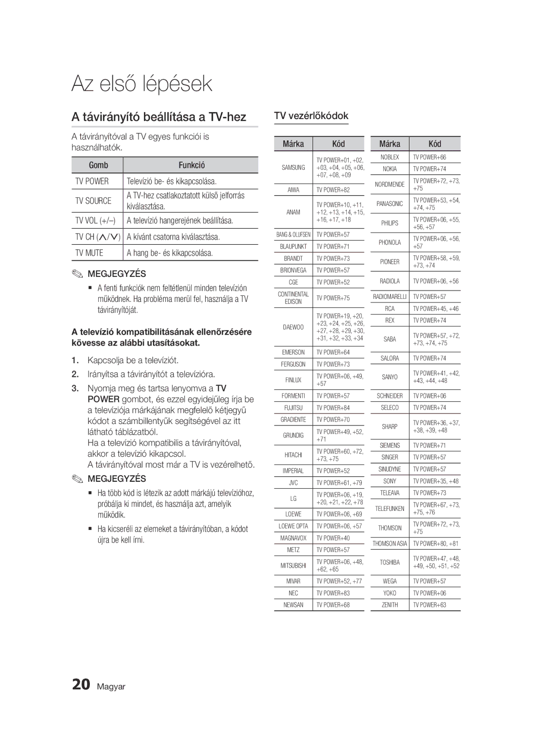 Samsung BD-D7000/EN, BD-D7000/XN, BD-D7000/ZF, BD-D7000/XE manual Távirányító beállítása a TV-hez, TV vezérlőkódok 