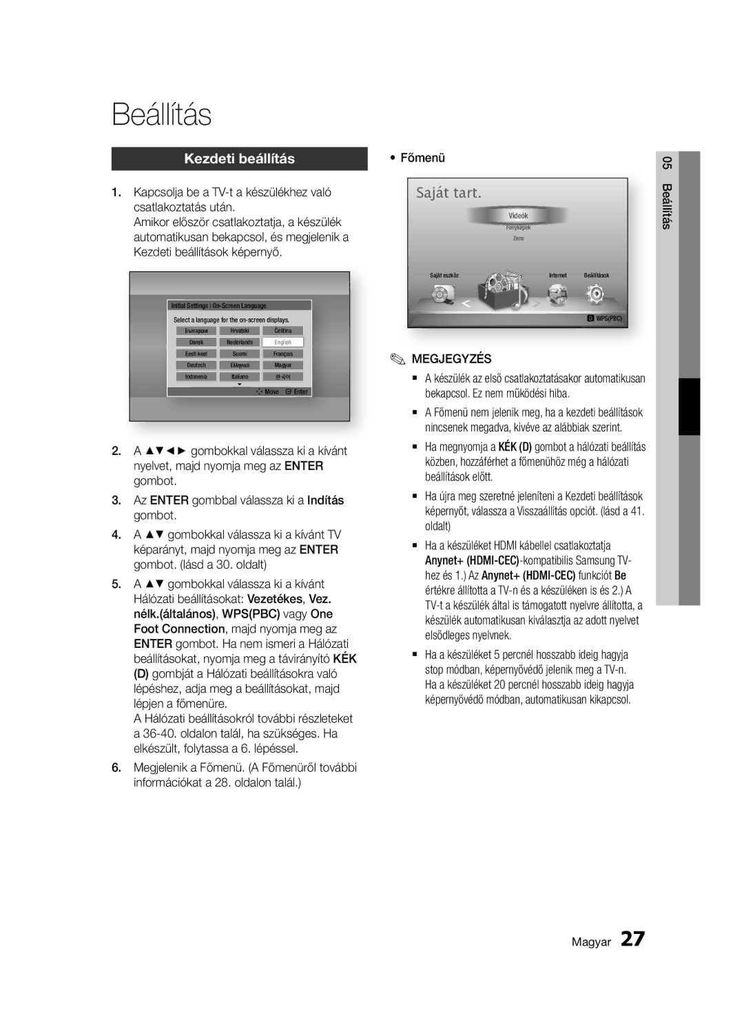 Samsung BD-D7000/XN manual Beállítás, Kezdeti beállítás, Kapcsolja be a TV-t a készülékhez való csatlakoztatás után, Főmenü 