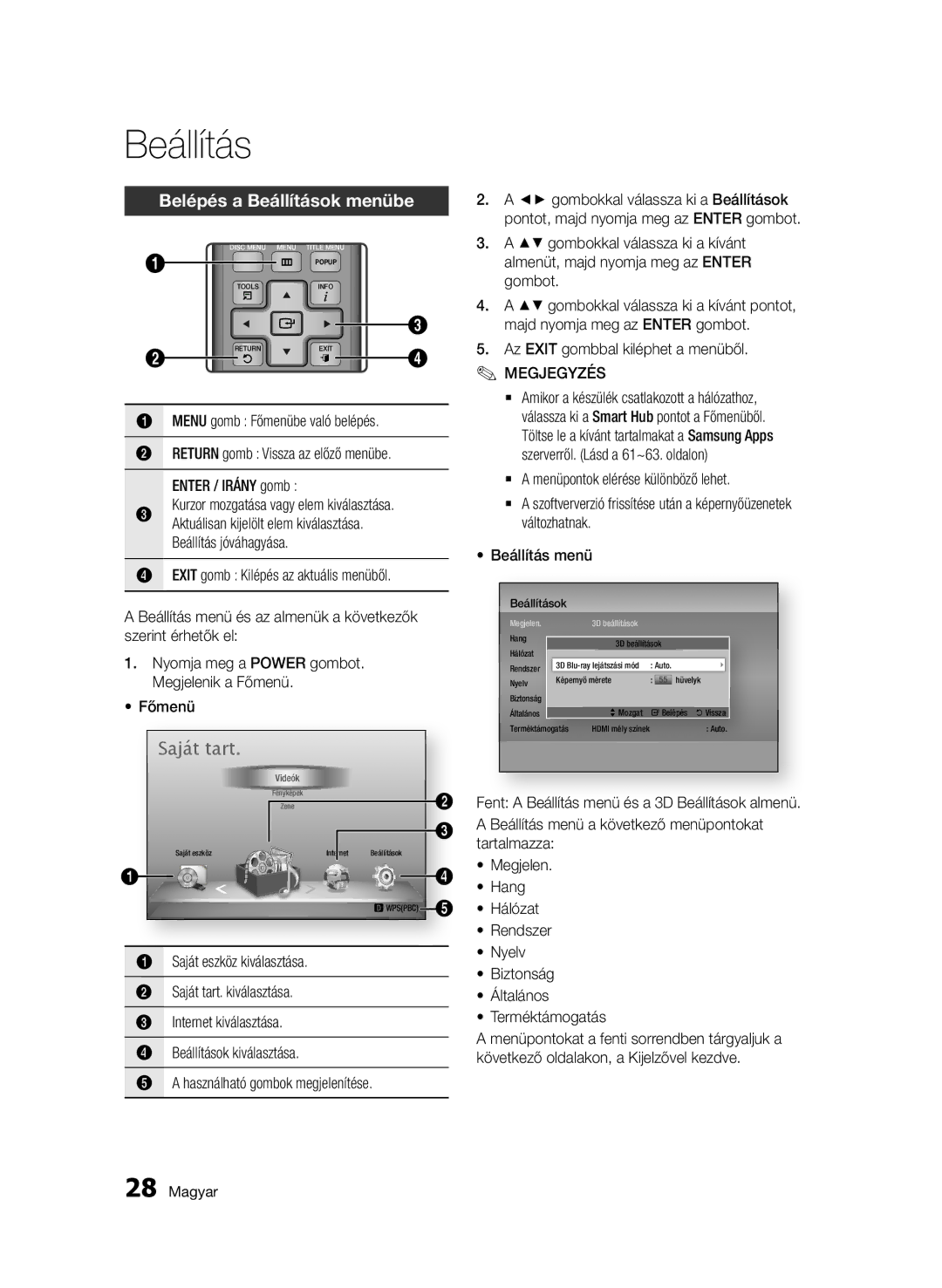 Samsung BD-D7000/EN, BD-D7000/XN, BD-D7000/ZF, BD-D7000/XE manual Belépés a Beállítások menübe 