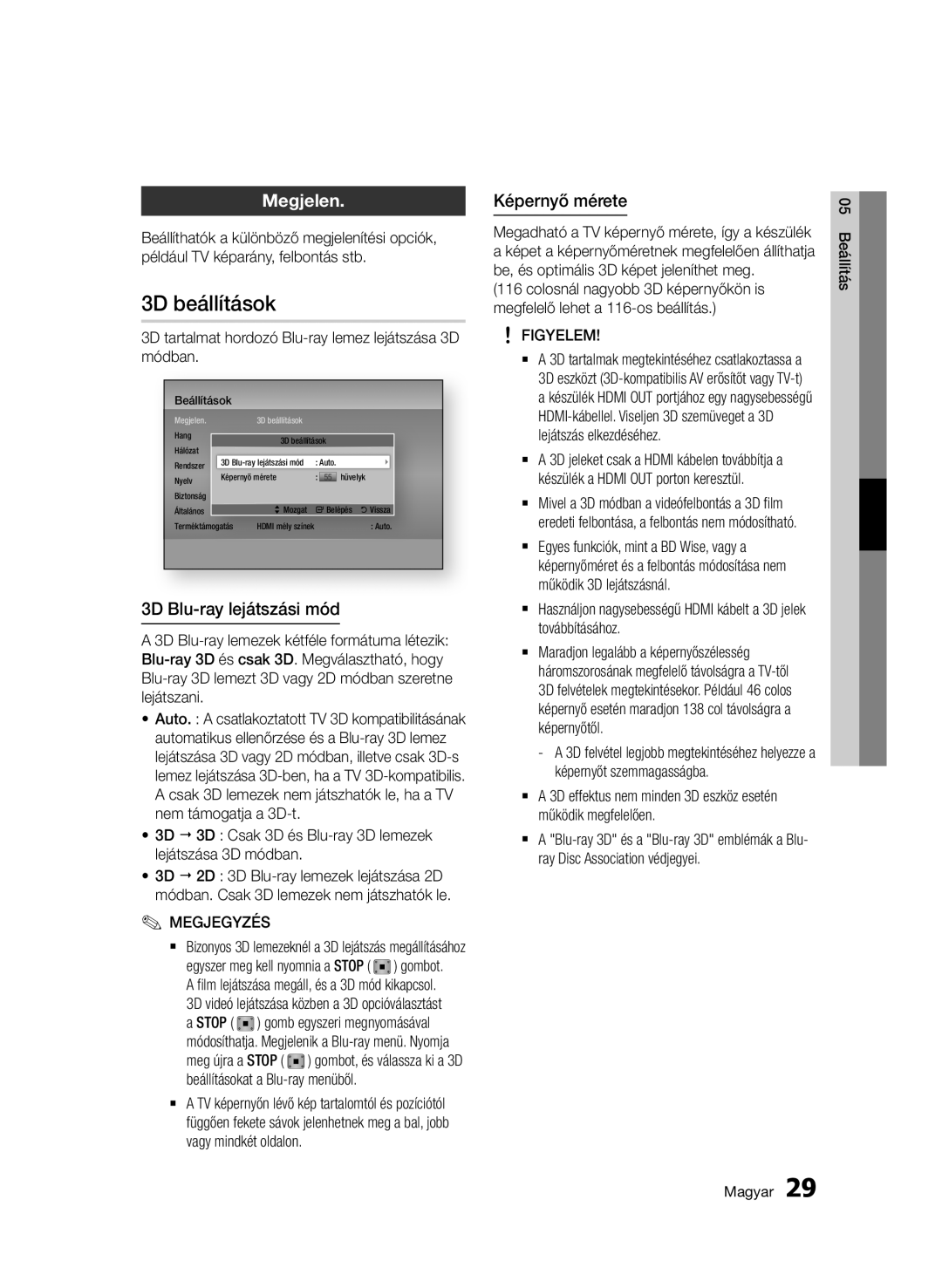 Samsung BD-D7000/ZF, BD-D7000/XN, BD-D7000/EN manual 3D beállítások, Megjelen, 3D Blu-ray lejátszási mód, Képernyő mérete 