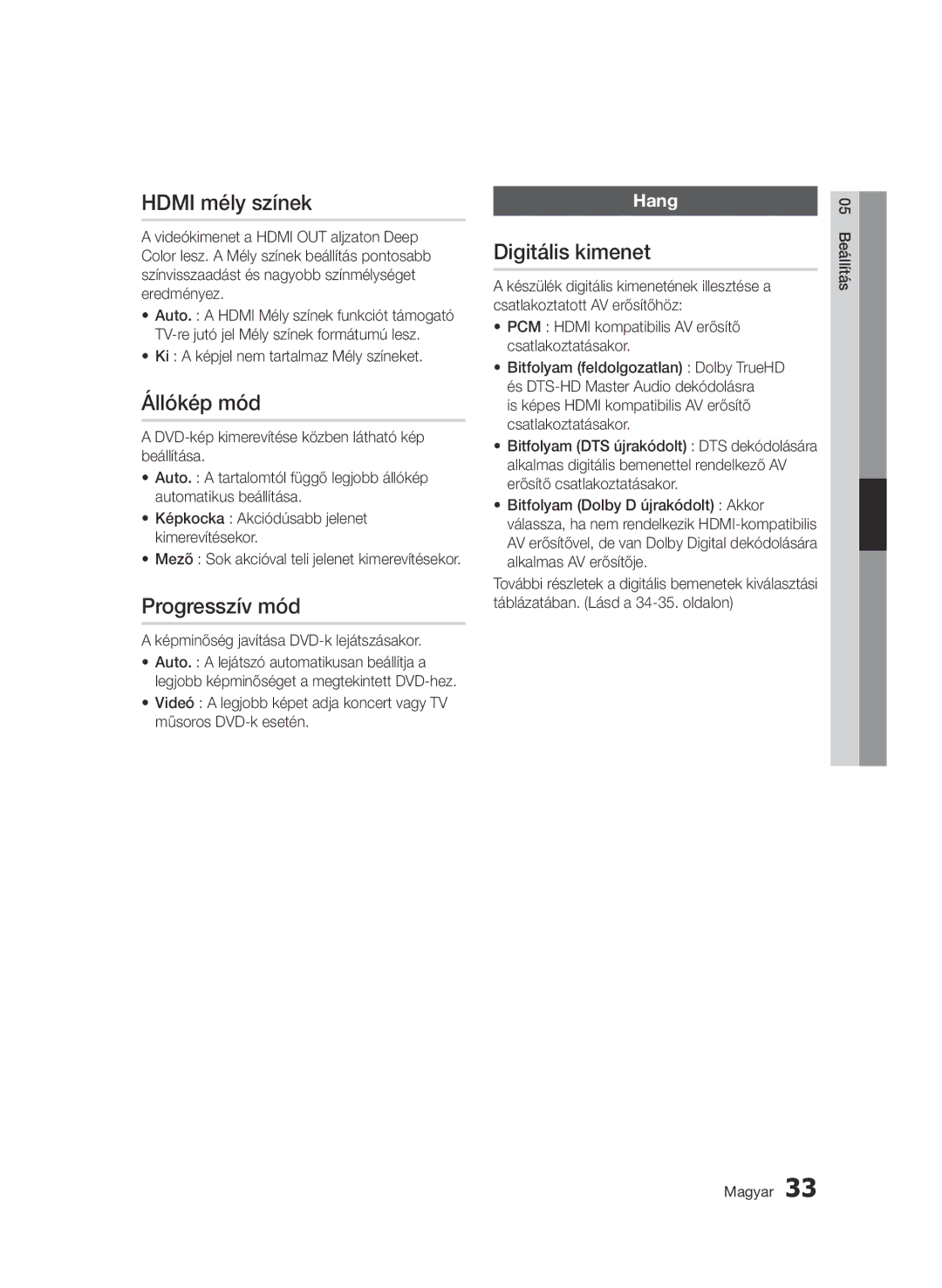 Samsung BD-D7000/ZF, BD-D7000/XN, BD-D7000/EN manual Hdmi mély színek, Állókép mód, Progresszív mód, Digitális kimenet, Hang 