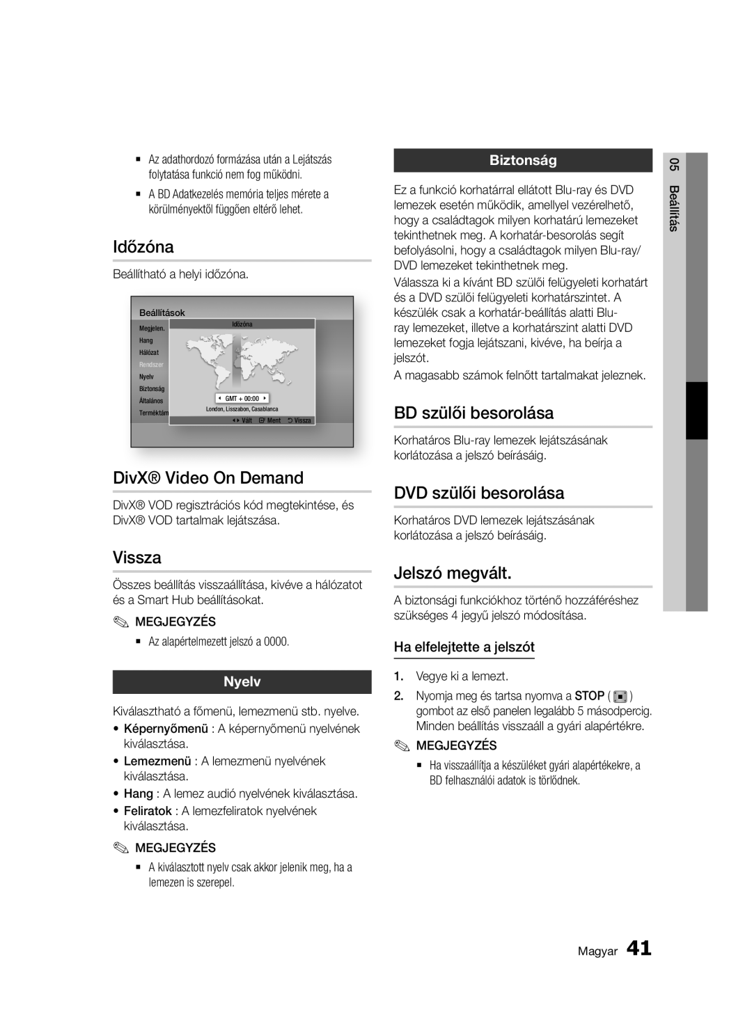 Samsung BD-D7000/ZF, BD-D7000/XN, BD-D7000/EN Időzóna, Vissza, BD szülői besorolása, DVD szülői besorolása, Jelszó megvált 