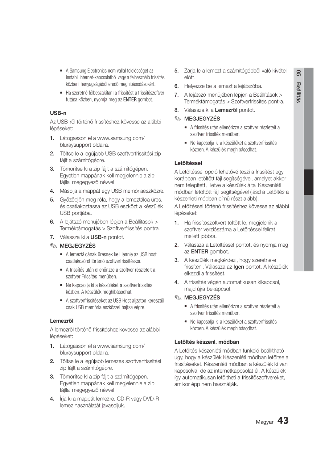 Samsung BD-D7000/XN, BD-D7000/EN, BD-D7000/ZF, BD-D7000/XE manual USB-n, Lemezről, Letöltéssel, Letöltés készenl. módban 