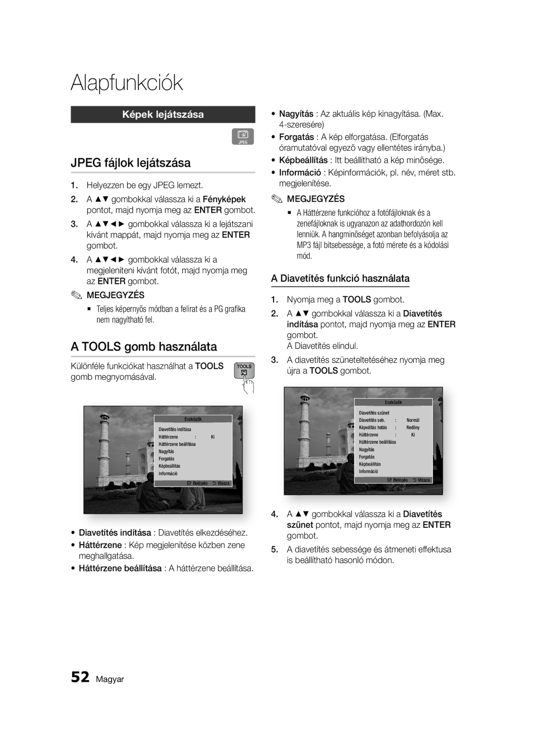 Samsung BD-D7000/EN manual Jpeg fájlok lejátszása, Tools gomb használata, Képek lejátszása, Diavetítés funkció használata 