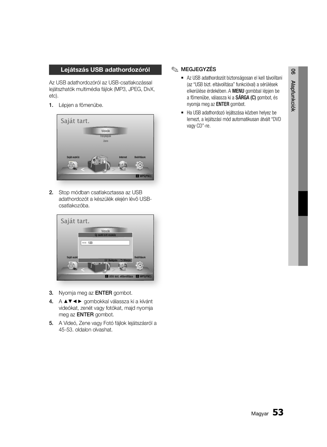 Samsung BD-D7000/ZF Lejátszás USB adathordozóról, Stop módban csatlakoztassa az USB, Csatlakozóba, Meg az Enter gombot 