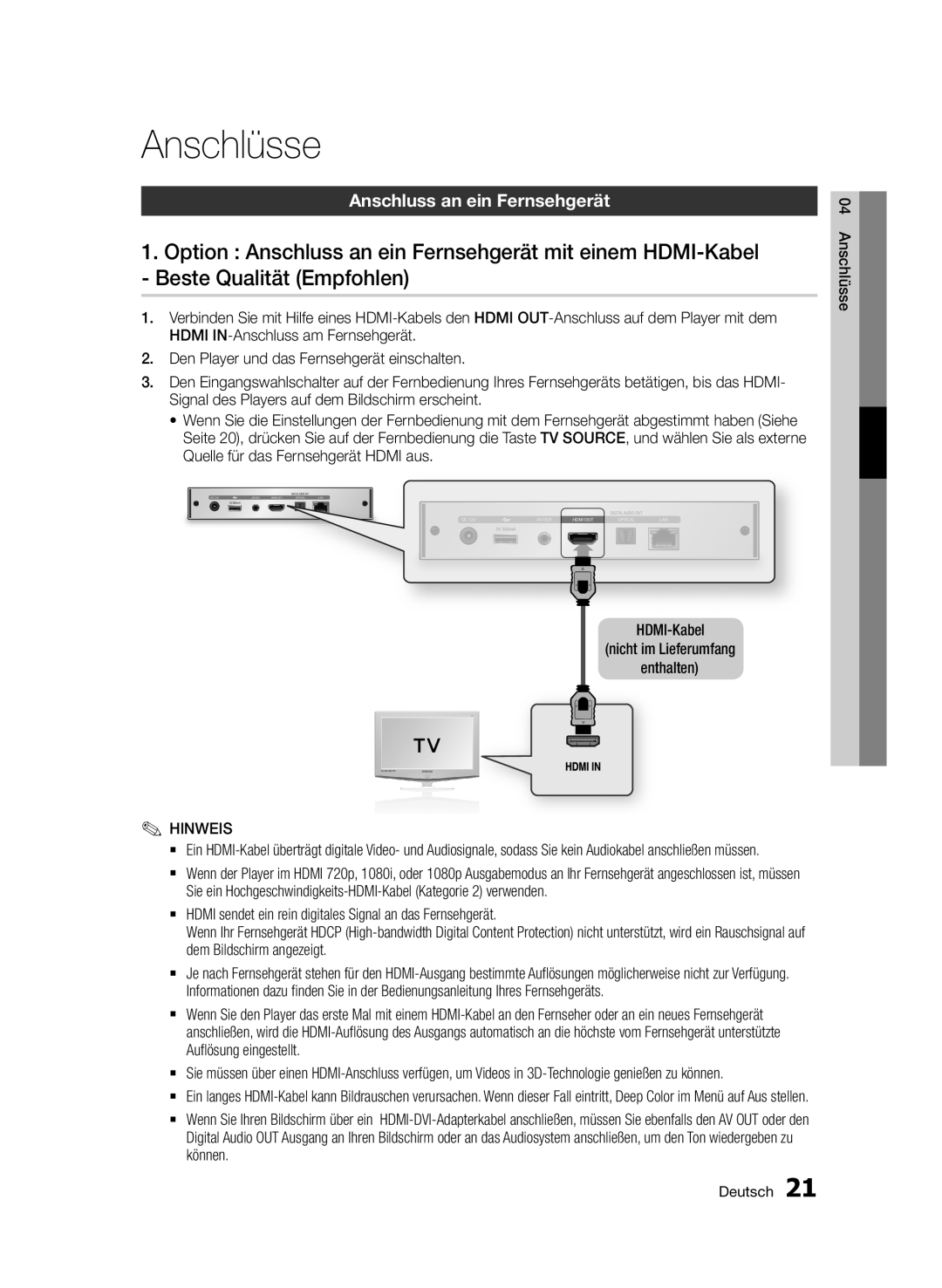 Samsung BD-D7000/EN manual Anschlüsse, Anschluss an ein Fernsehgerät, HDMI-Kabel Nicht im Lieferumfang Enthalten, Können 