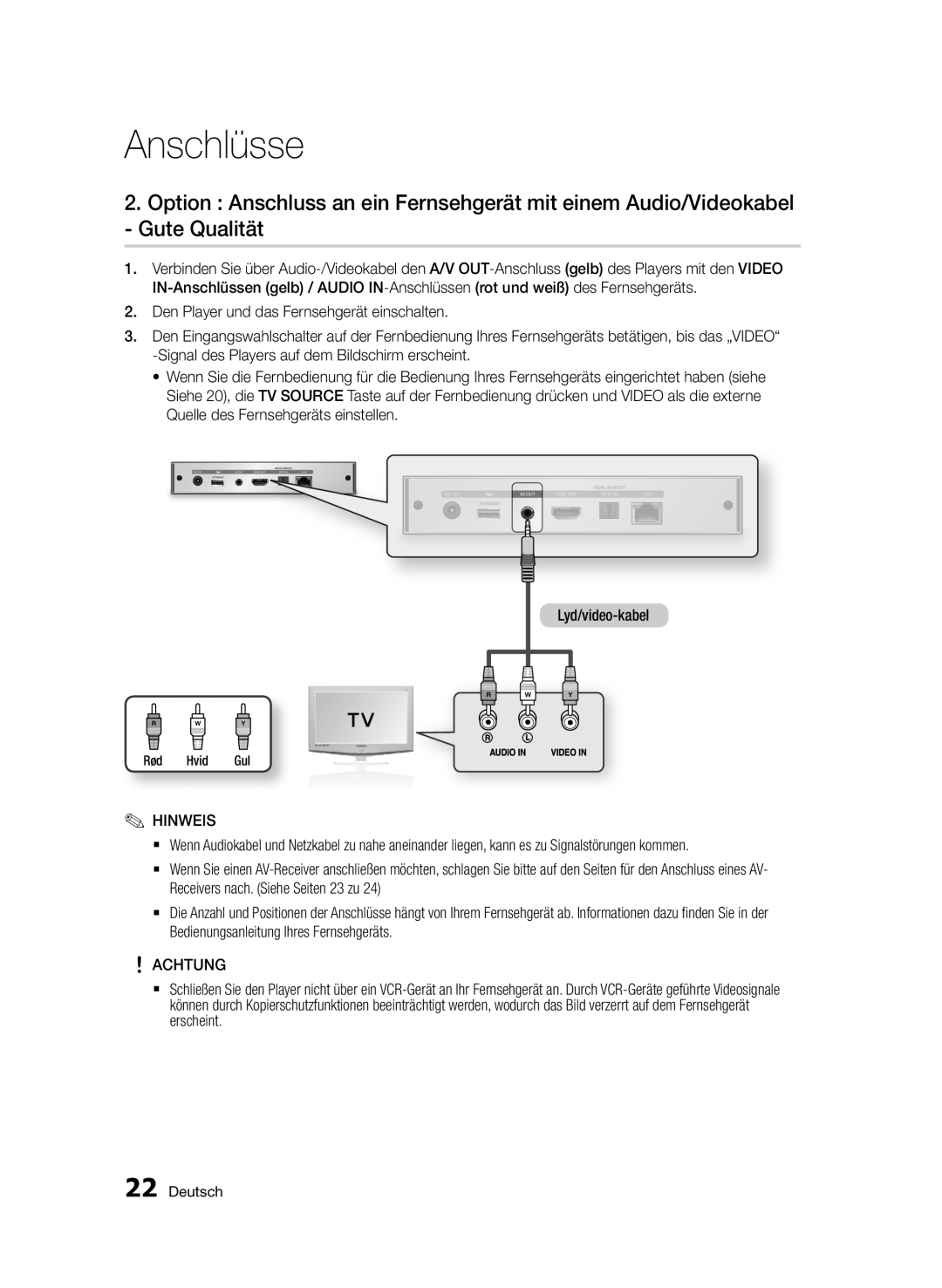 Samsung BD-D7000/ZF, BD-D7000/XN, BD-D7000/EN, BD-D7000/XE manual Lyd/video-kabel, Rød Hvid Gul 