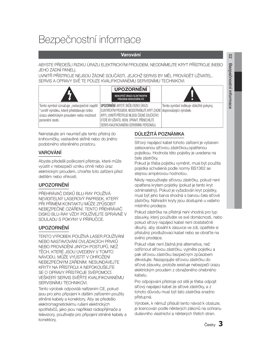 Samsung BD-D7000/XN, BD-D7000/EN, BD-D7000/ZF, BD-D7000/XE manual Bezpečnostní informace, Varování 