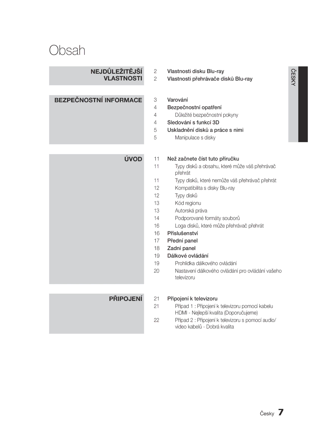 Samsung BD-D7000/XN, BD-D7000/EN, BD-D7000/ZF, BD-D7000/XE manual Obsah 