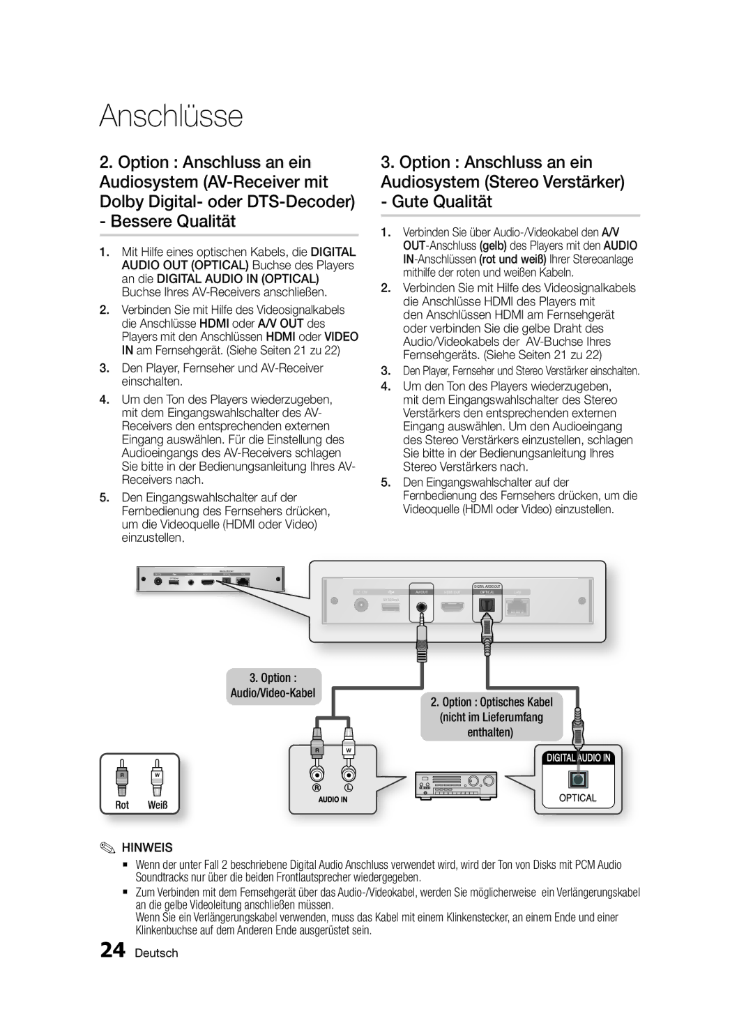 Samsung BD-D7000/XN, BD-D7000/EN, BD-D7000/ZF Buchse Ihres AV-Receivers anschließen, Option Audio/Video-Kabel, Rot Weiß 