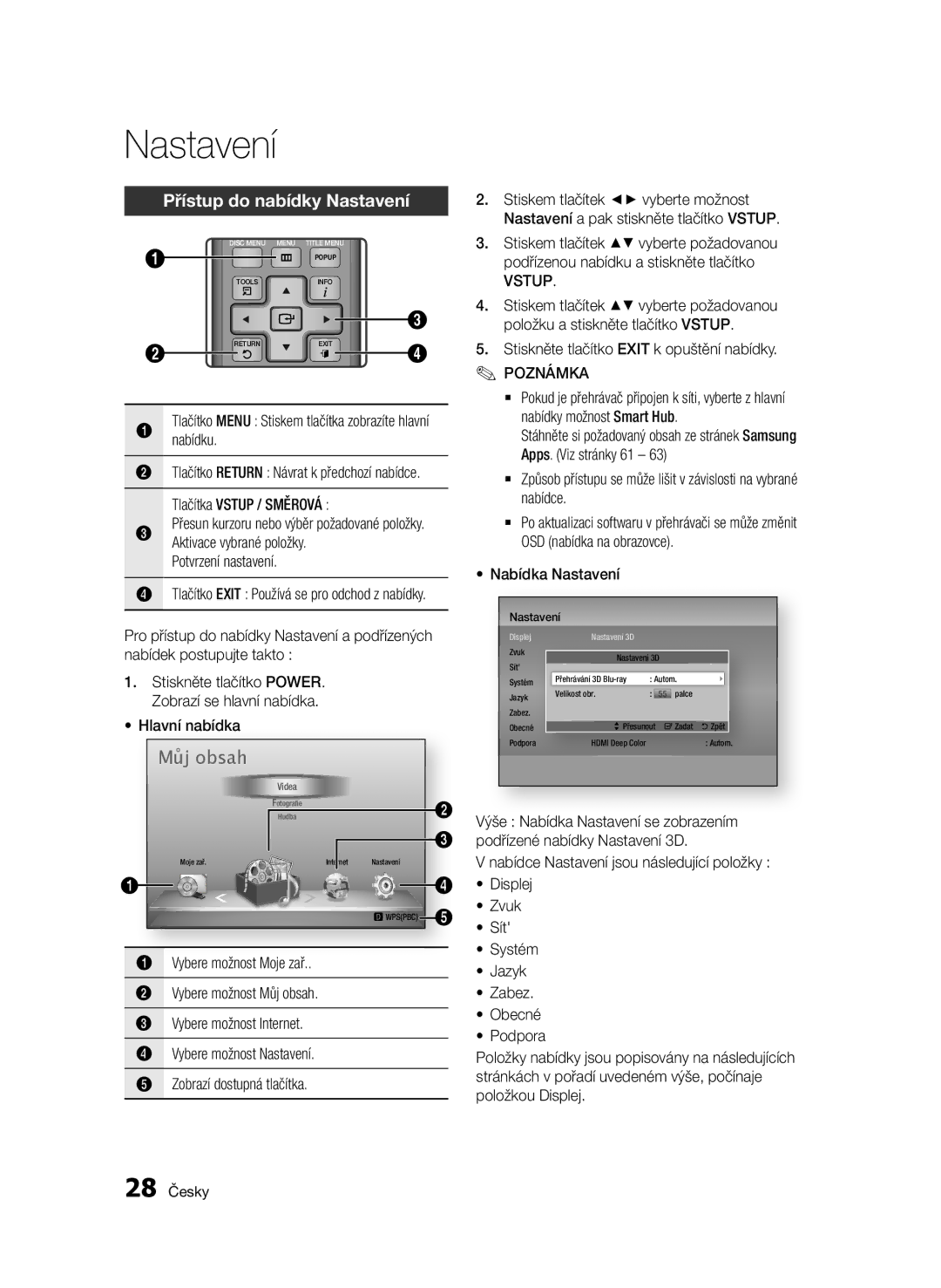 Samsung BD-D7000/EN Přístup do nabídky Nastavení, Tlačítka Vstup / Směrová, Aktivace vybrané položky, Nabídka Nastavení 