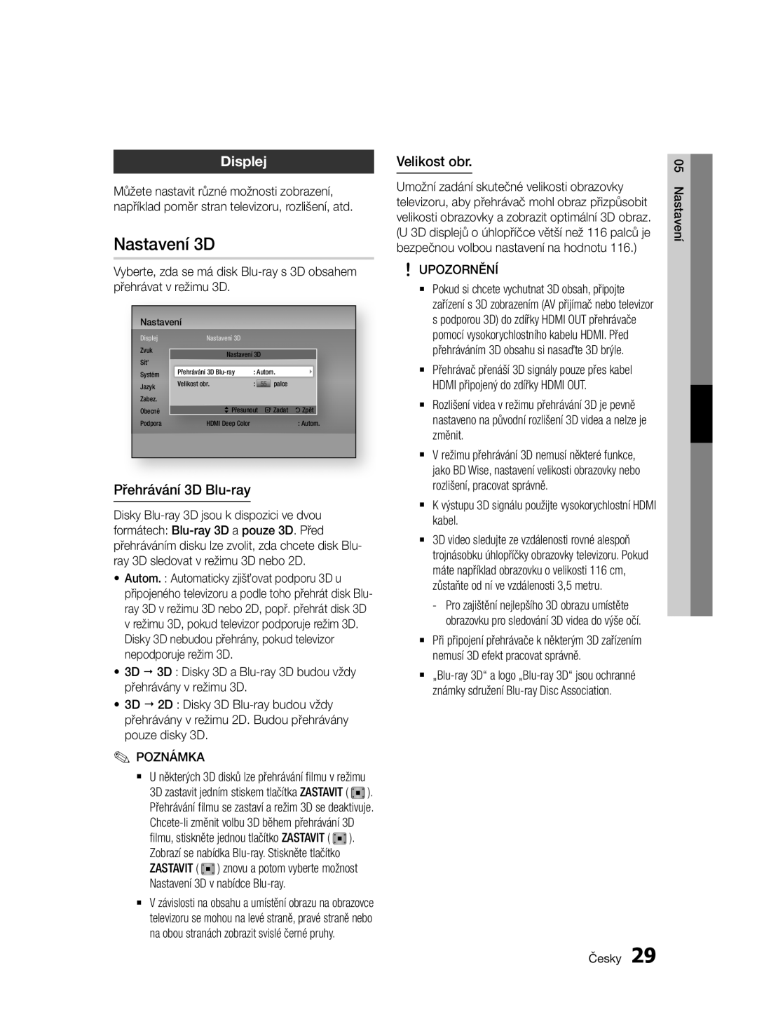 Samsung BD-D7000/ZF, BD-D7000/XN manual Displej, Přehrávání 3D Blu-ray, Velikost obr, Nastavení 3D v nabídce Blu-ray 