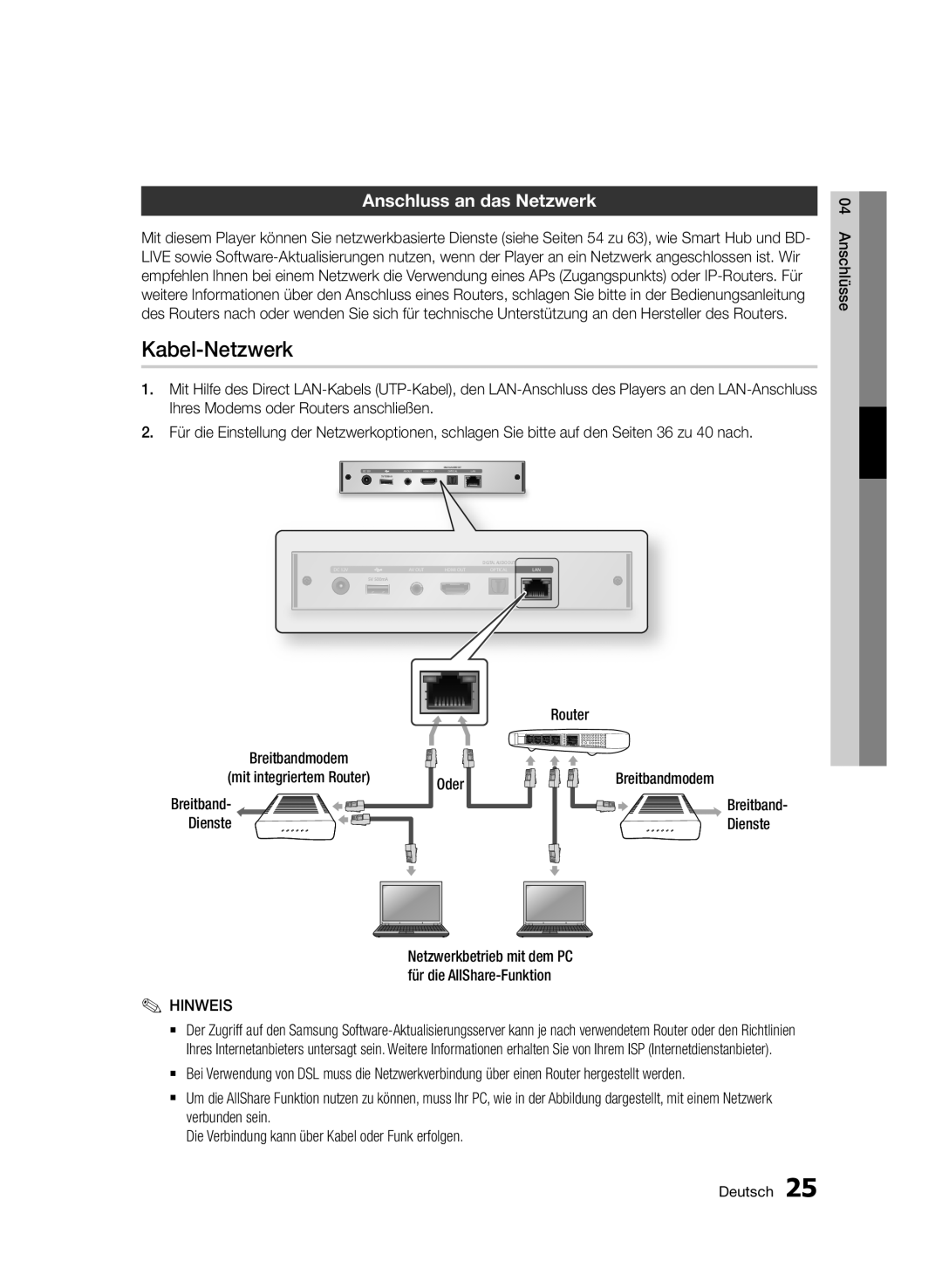 Samsung BD-D7000/EN Kabel-Netzwerk, Anschluss an das Netzwerk, Breitbandmodem Mit integriertem Router Breitband Dienste 