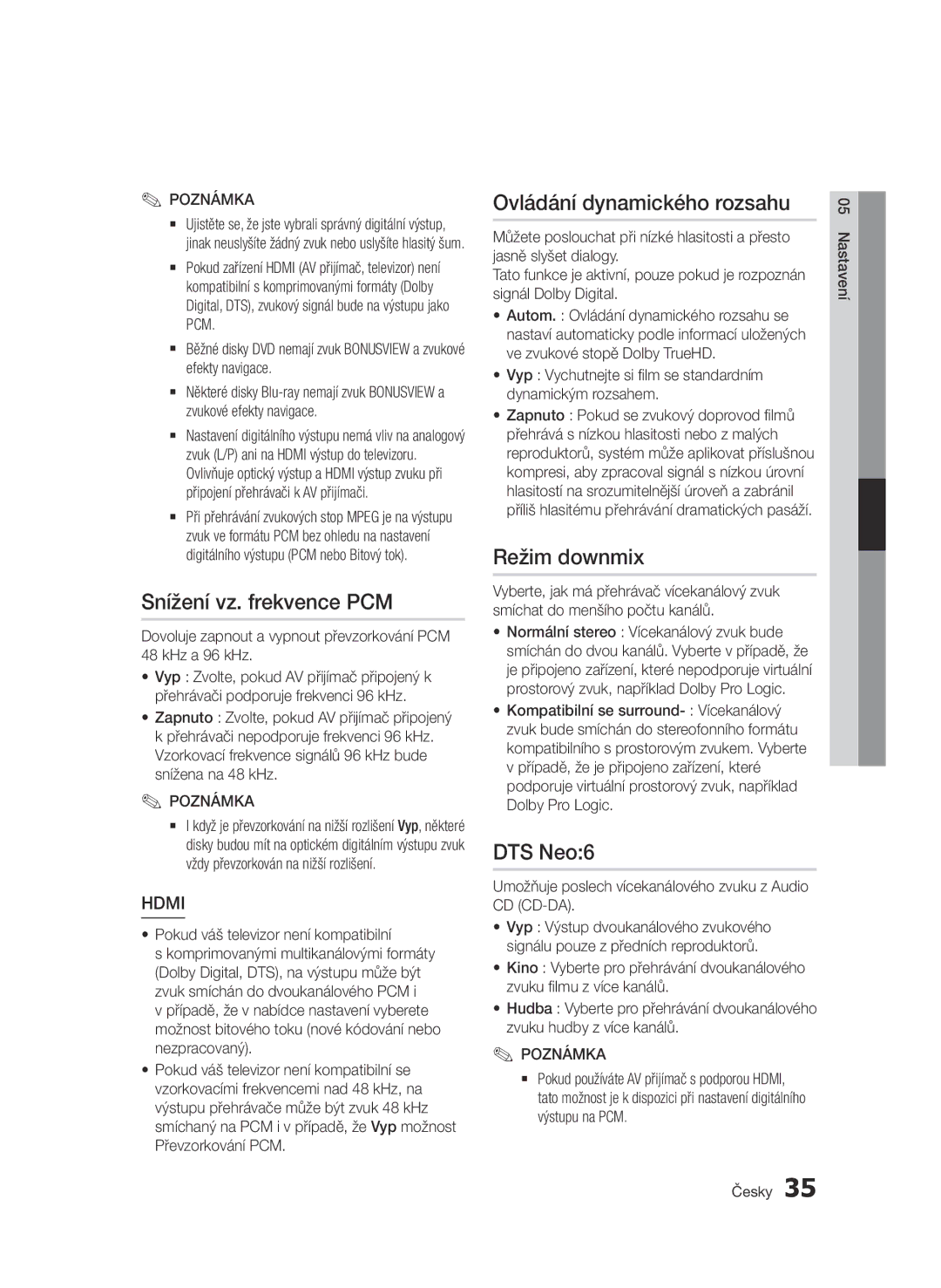 Samsung BD-D7000/XN, BD-D7000/EN manual Snížení vz. frekvence PCM, Ovládání dynamického rozsahu, Režim downmix, DTS Neo6 