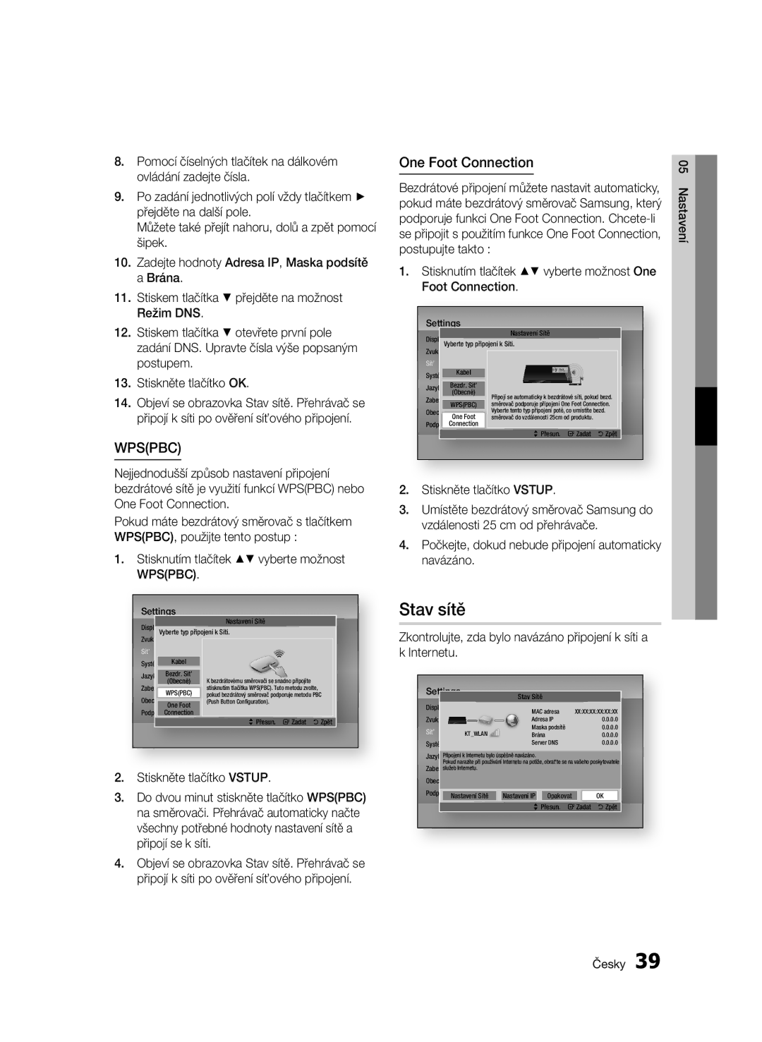 Samsung BD-D7000/XN, BD-D7000/EN, BD-D7000/ZF, BD-D7000/XE manual Stav sítě, Stisknutím tlačítek vyberte možnost Wpspbc 