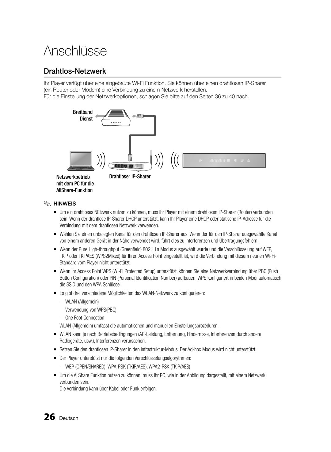 Samsung BD-D7000/ZF, BD-D7000/XN, BD-D7000/EN, BD-D7000/XE manual Drahtlos-Netzwerk, Mit dem PC für die AllShare-Funktion 