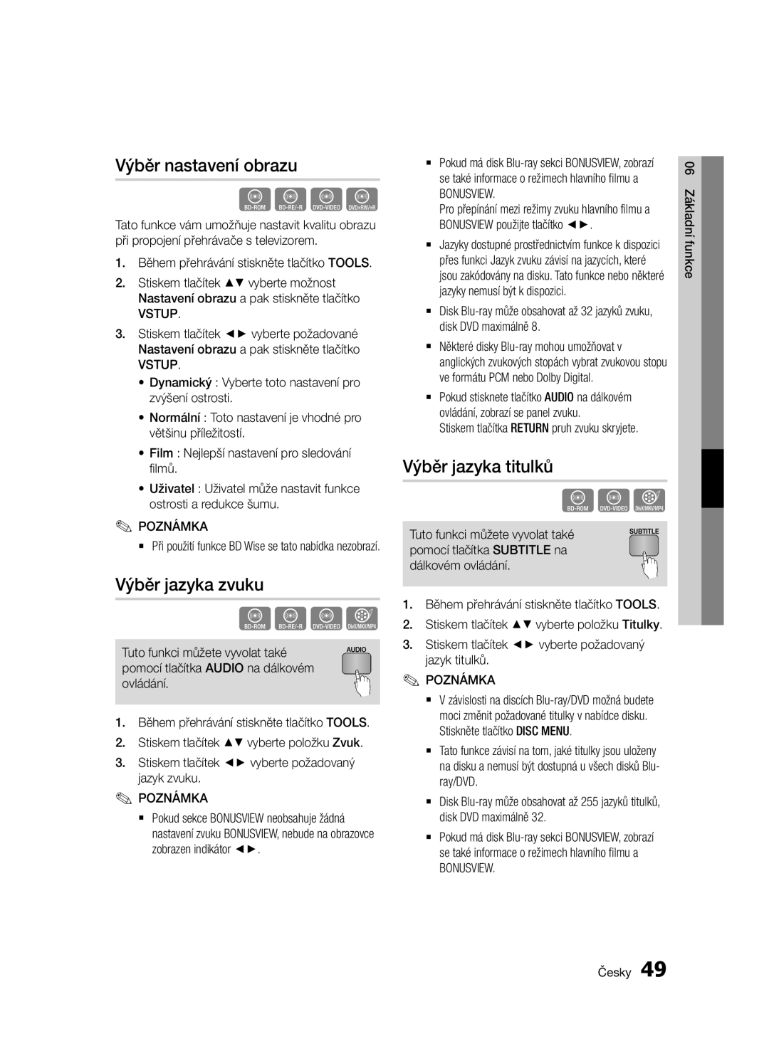 Samsung BD-D7000/ZF, BD-D7000/XN, BD-D7000/EN Výběr nastavení obrazu, Výběr jazyka zvuku, Výběr jazyka titulků, Bonusview 