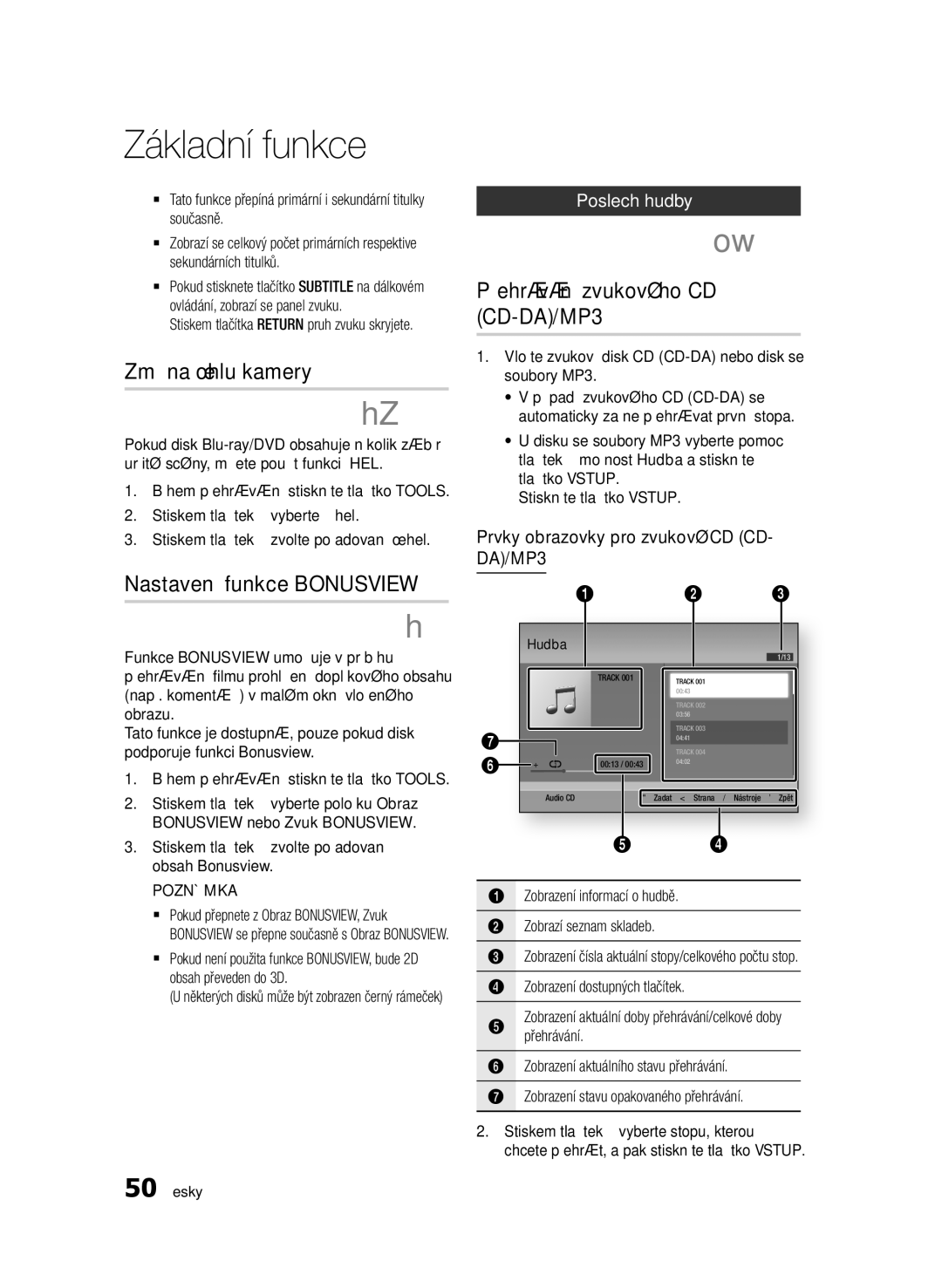 Samsung BD-D7000/XE manual Změna úhlu kamery, Nastavení funkce Bonusview, Přehrávání zvukového CD CD-DA/MP3, Poslech hudby 