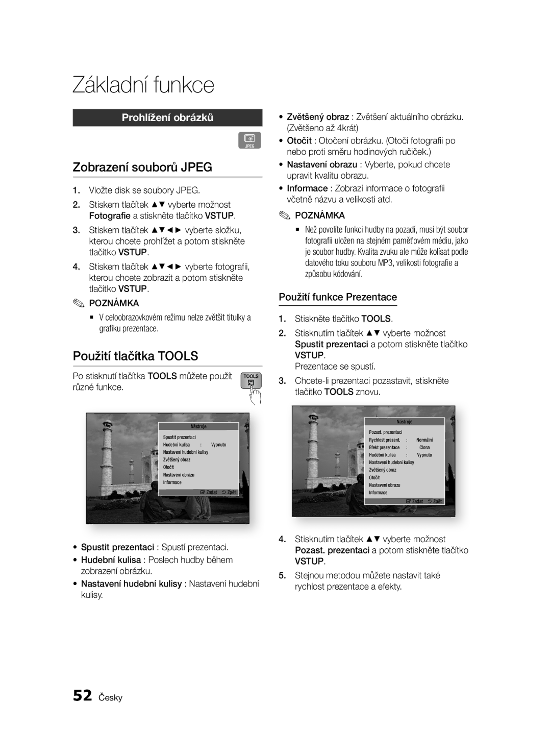 Samsung BD-D7000/EN manual Zobrazení souborů Jpeg, Použití tlačítka Tools, Prohlížení obrázků, Použití funkce Prezentace 