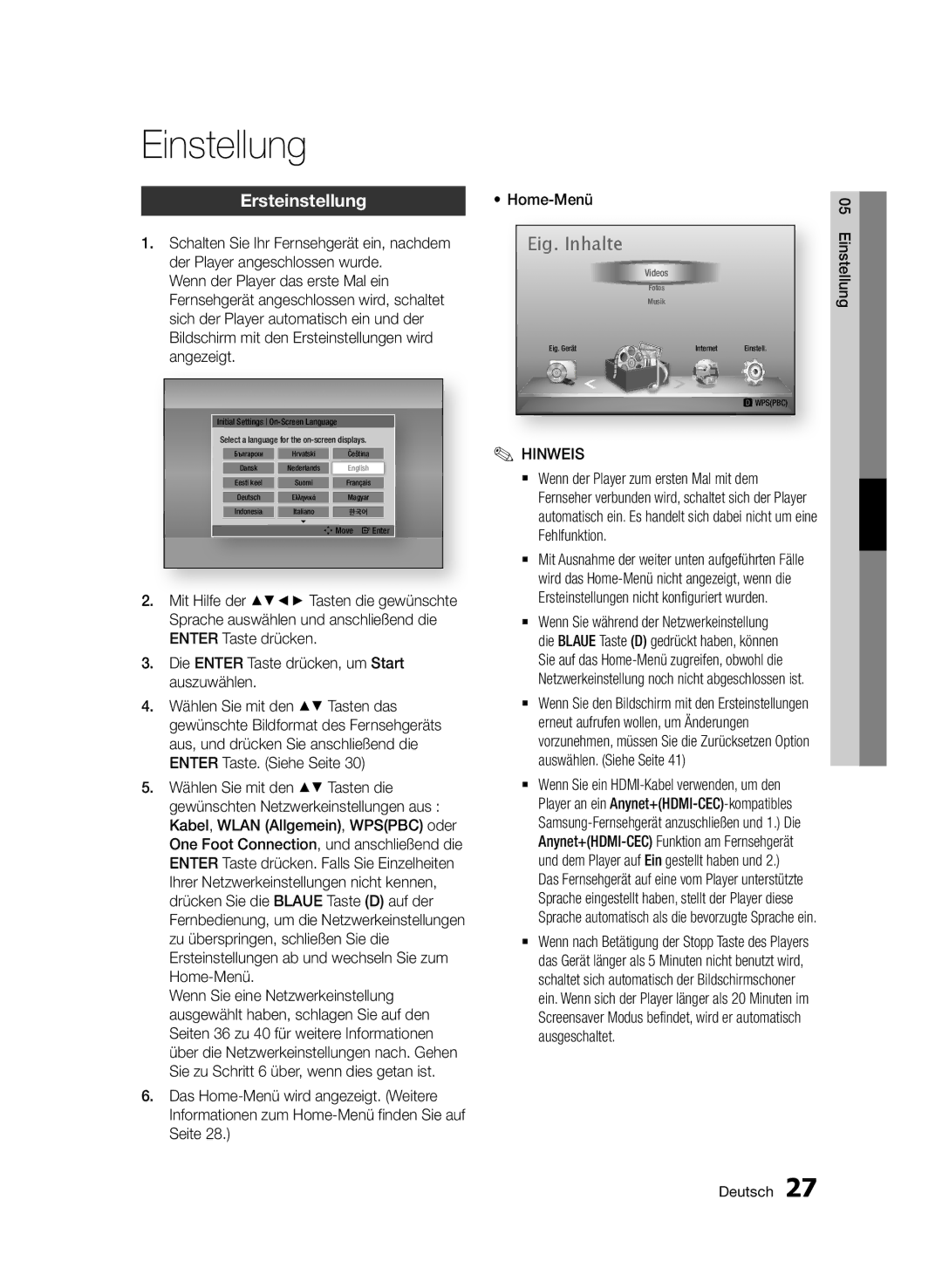 Samsung BD-D7000/XE, BD-D7000/XN, BD-D7000/EN, BD-D7000/ZF manual Einstellung, Ersteinstellung 