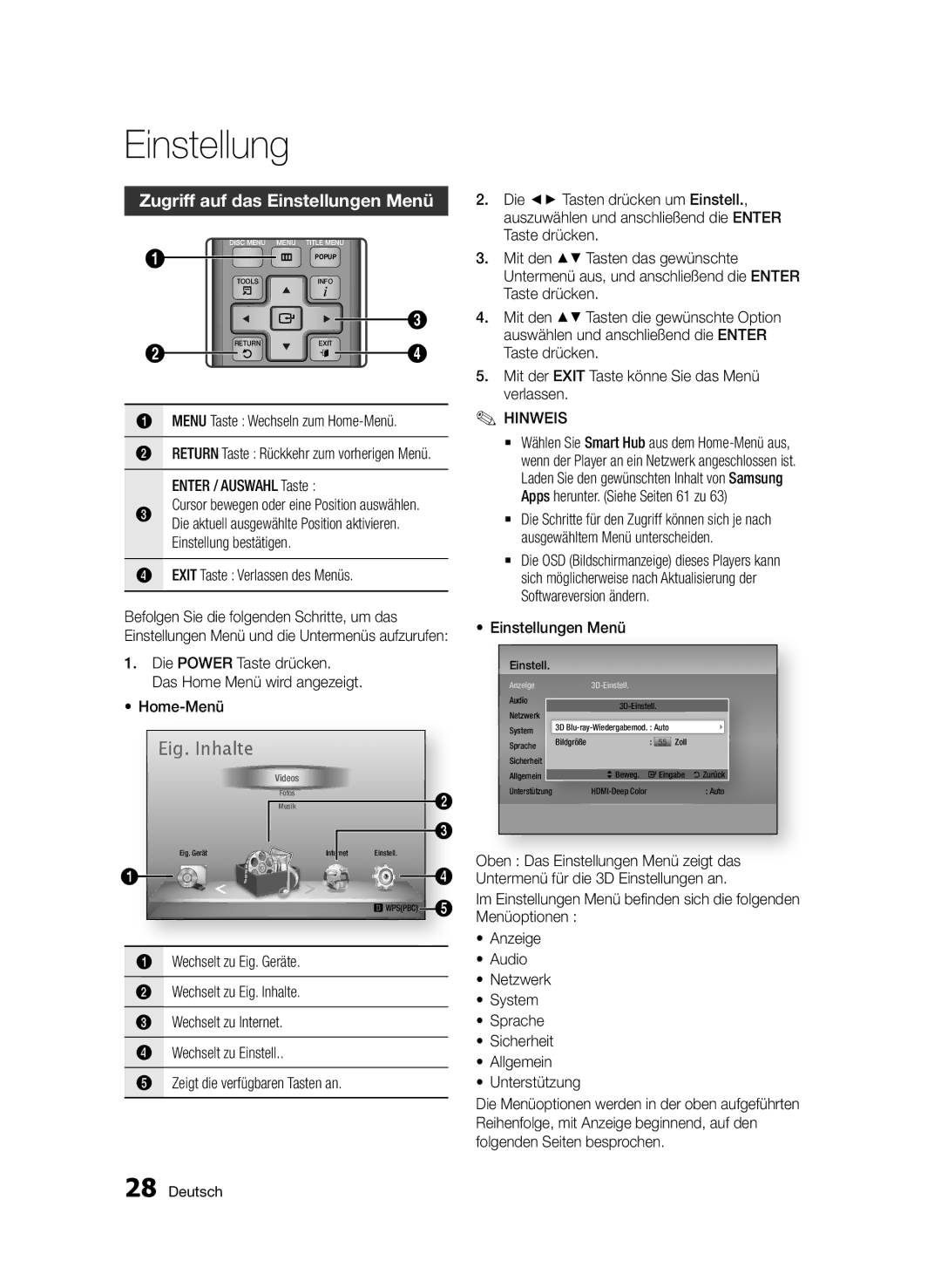 Samsung BD-D7000/XN, BD-D7000/EN, BD-D7000/ZF manual Zugriff auf das Einstellungen Menü, Menu Taste Wechseln zum Home-Menü 