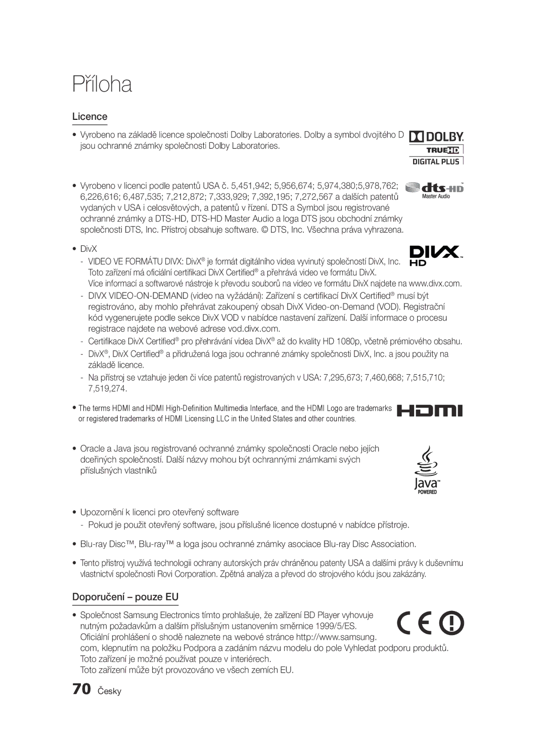 Samsung BD-D7000/XE, BD-D7000/XN, BD-D7000/EN, BD-D7000/ZF manual Licence, Doporučení pouze EU 