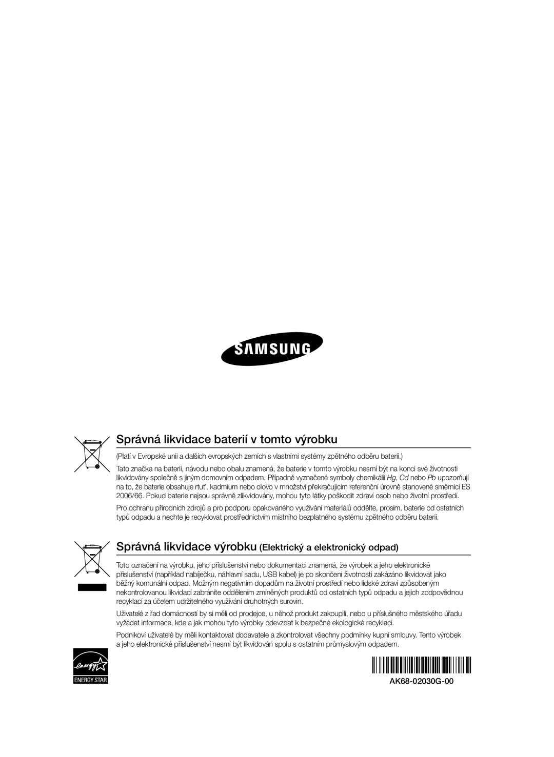 Samsung BD-D7000/XN Správná likvidace baterií v tomto výrobku, Správná likvidace výrobku Elektrický a elektronický odpad 