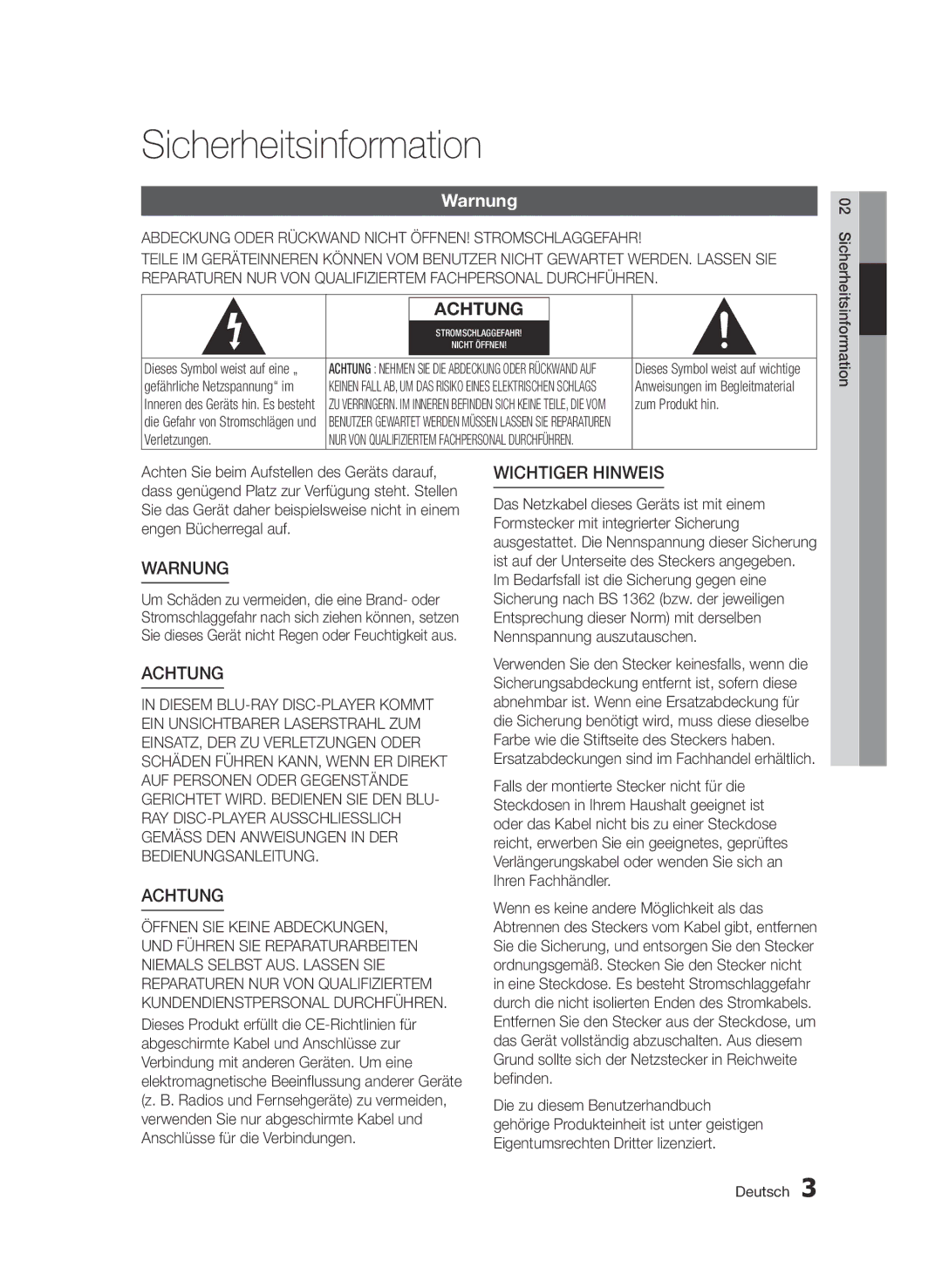 Samsung BD-D7000/XE, BD-D7000/XN Sicherheitsinformation, Warnung, Abdeckung Oder Rückwand Nicht ÖFFNEN! Stromschlaggefahr 