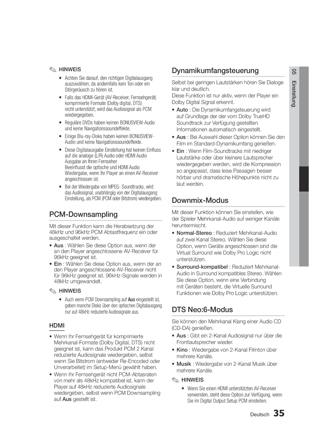 Samsung BD-D7000/XE, BD-D7000/XN, BD-D7000/EN manual PCM-Downsampling, Dynamikumfangsteuerung, Downmix-Modus, DTS Neo6-Modus 