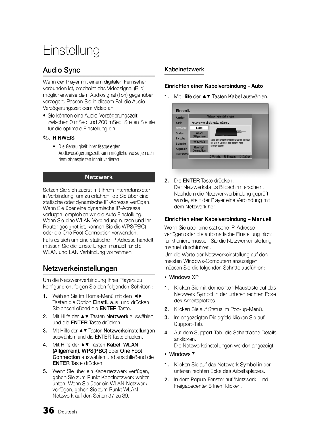 Samsung BD-D7000/XN, BD-D7000/EN, BD-D7000/ZF, BD-D7000/XE manual Audio Sync, Netzwerkeinstellungen, Kabelnetzwerk 