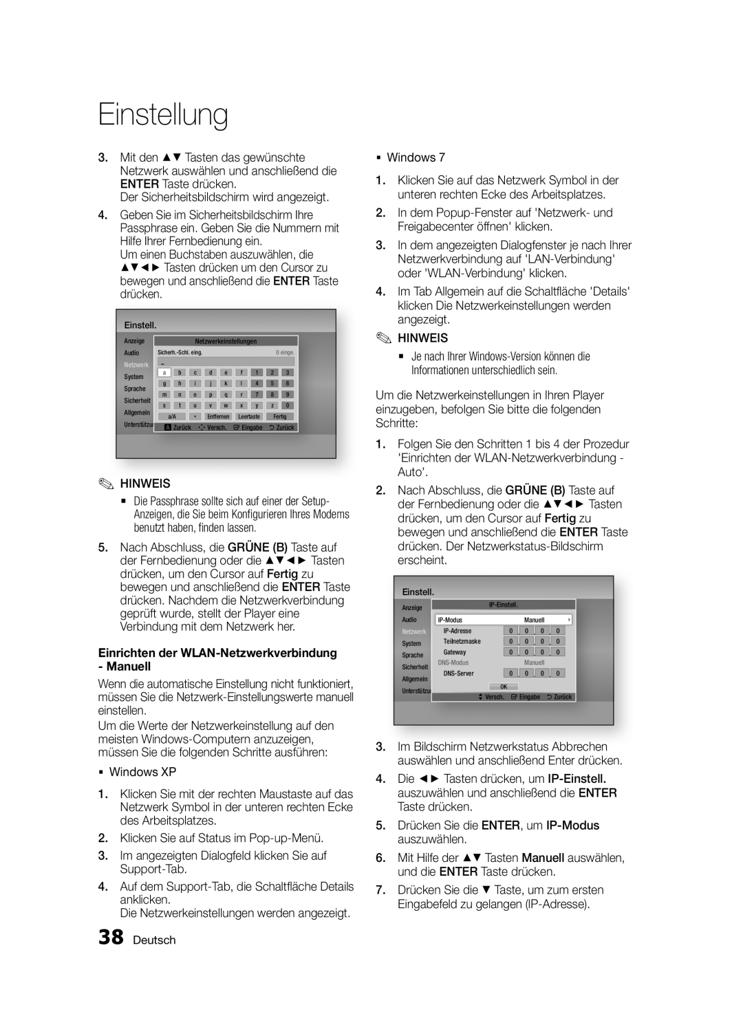 Samsung BD-D7000/ZF Der Sicherheitsbildschirm wird angezeigt, Einrichten der WLAN-Netzwerkverbindung Manuell, ƒƒ Windows 