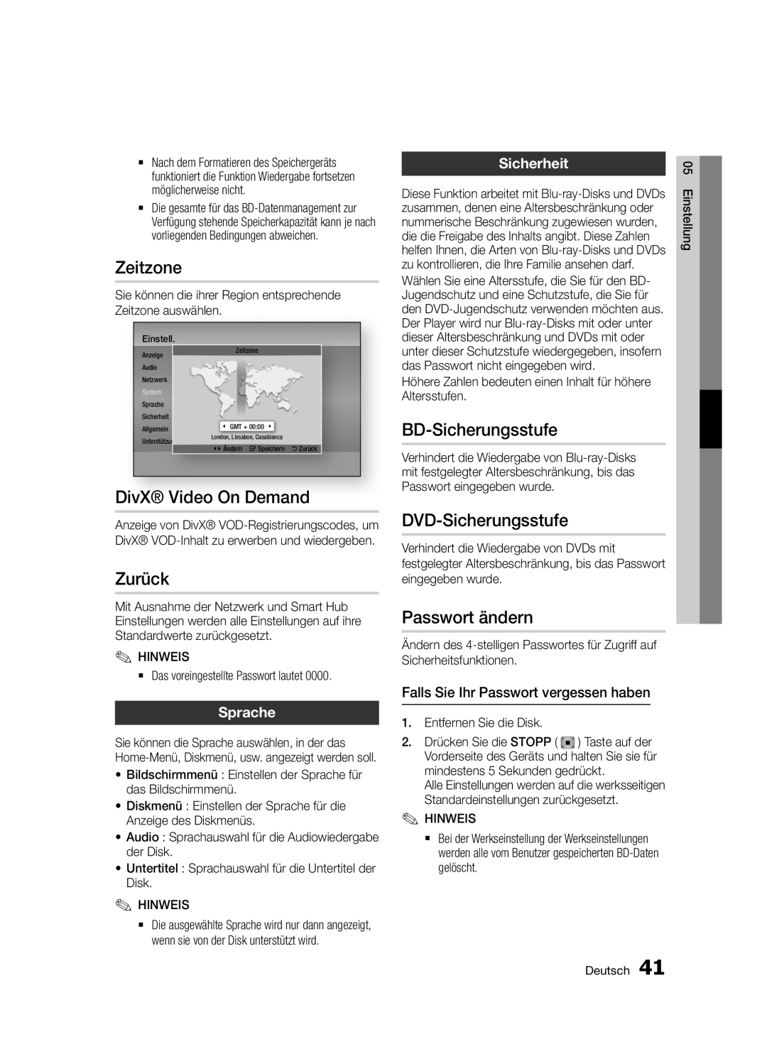 Samsung BD-D7000/EN manual Zeitzone, DivX Video On Demand, Zurück, BD-Sicherungsstufe, DVD-Sicherungsstufe, Passwort ändern 