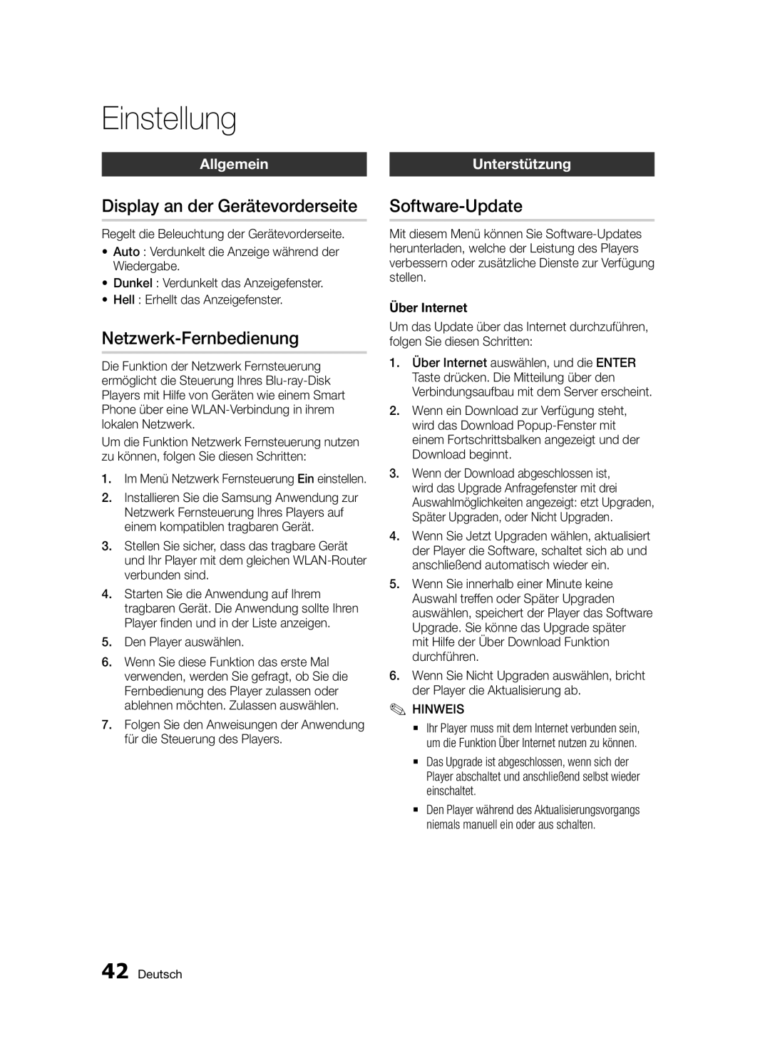 Samsung BD-D7000/ZF Display an der Gerätevorderseite, Netzwerk-Fernbedienung, Software-Update, Allgemein, Unterstützung 