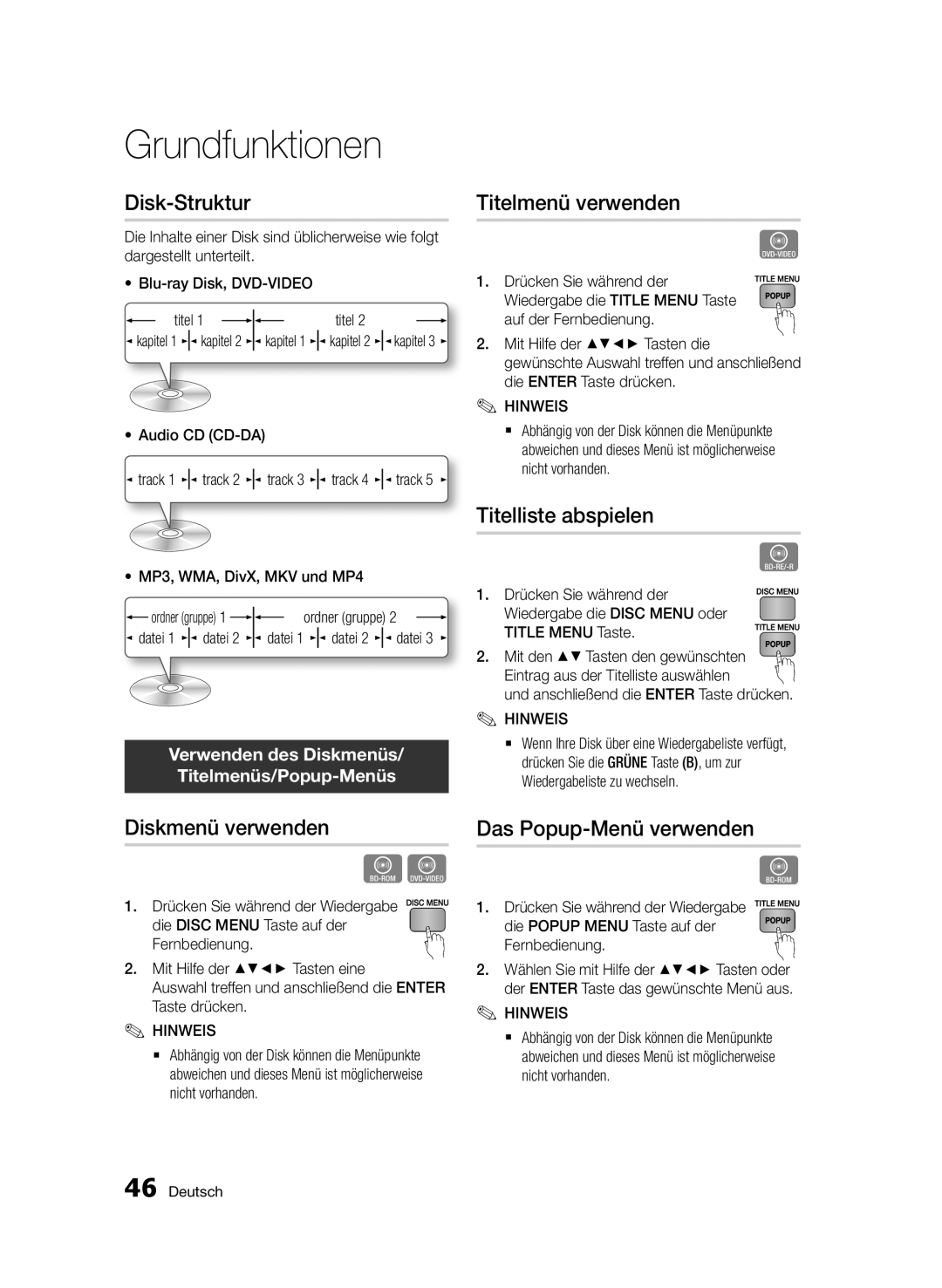 Samsung BD-D7000/ZF Disk-Struktur, Diskmenü verwenden, Titelmenü verwenden, Titelliste abspielen, Das Popup-Menü verwenden 