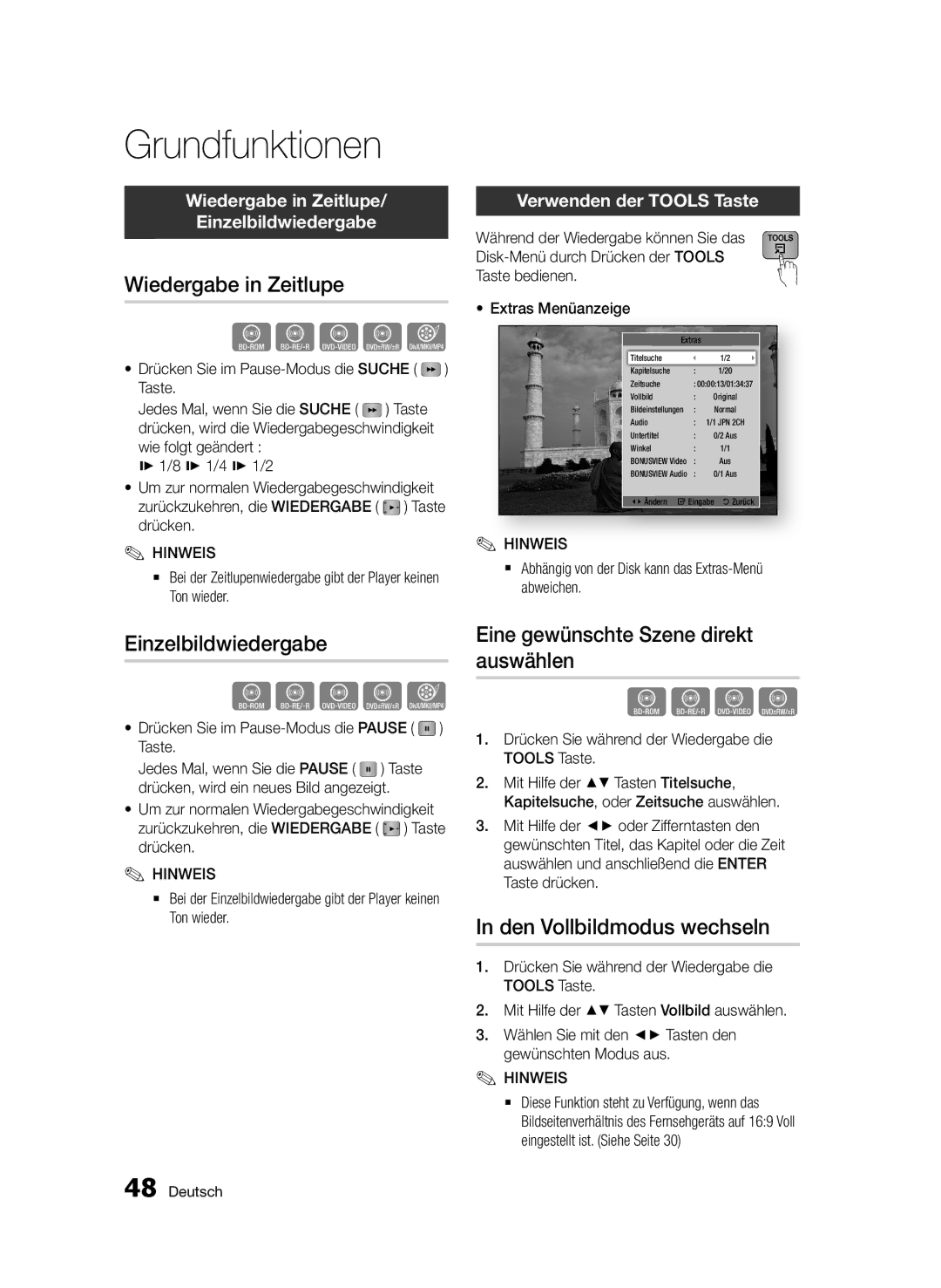 Samsung BD-D7000/XN, BD-D7000/EN manual Wiedergabe in Zeitlupe, Einzelbildwiedergabe, Eine gewünschte Szene direkt auswählen 