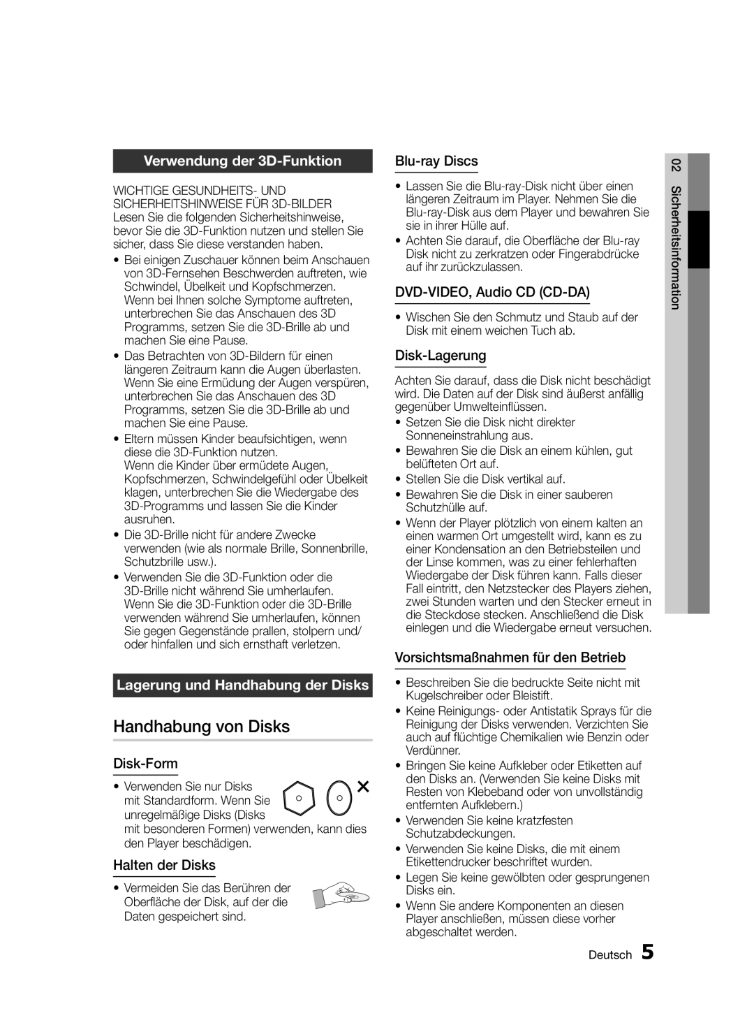 Samsung BD-D7000/EN, BD-D7000/XN manual Handhabung von Disks, Verwendung der 3D-Funktion, Lagerung und Handhabung der Disks 