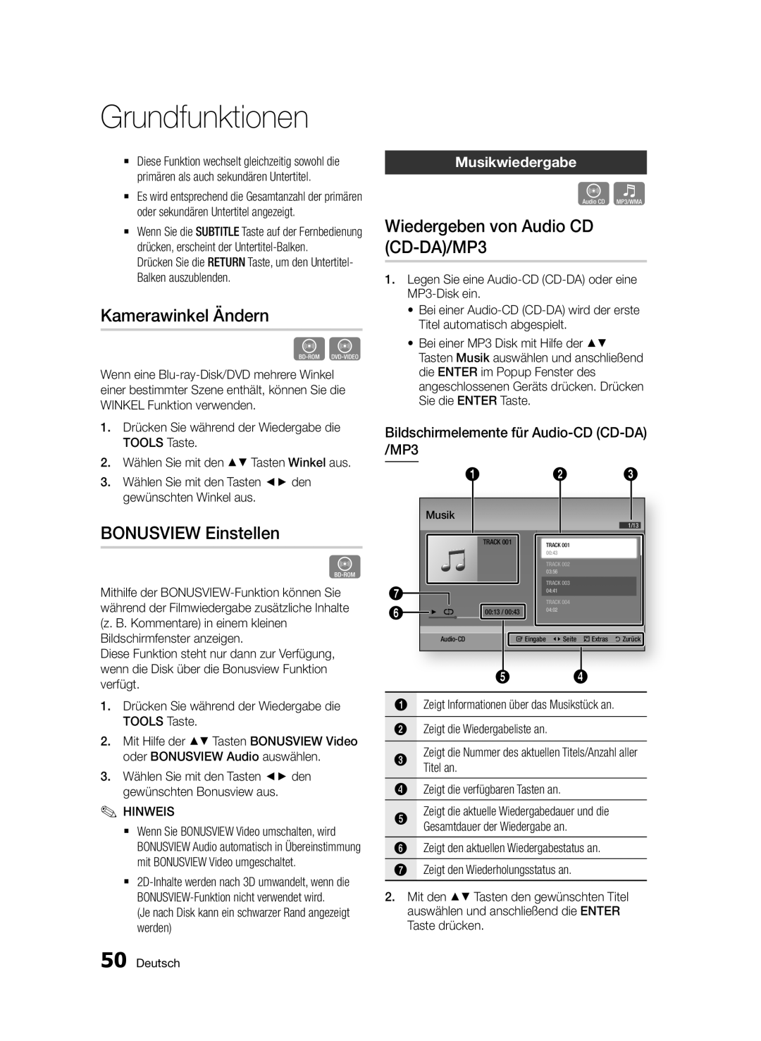 Samsung BD-D7000/ZF manual Kamerawinkel Ändern, Bonusview Einstellen, Wiedergeben von Audio CD CD-DA/MP3, Musikwiedergabe 