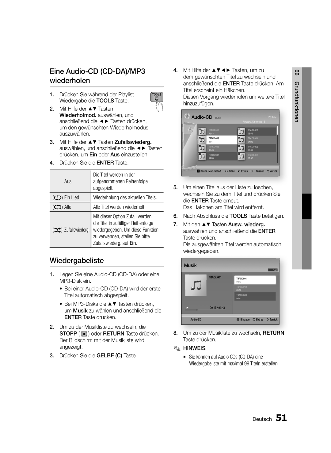 Samsung BD-D7000/XE, BD-D7000/XN, BD-D7000/EN, BD-D7000/ZF manual Eine Audio-CD CD-DA/MP3 wiederholen, Wiedergabeliste 