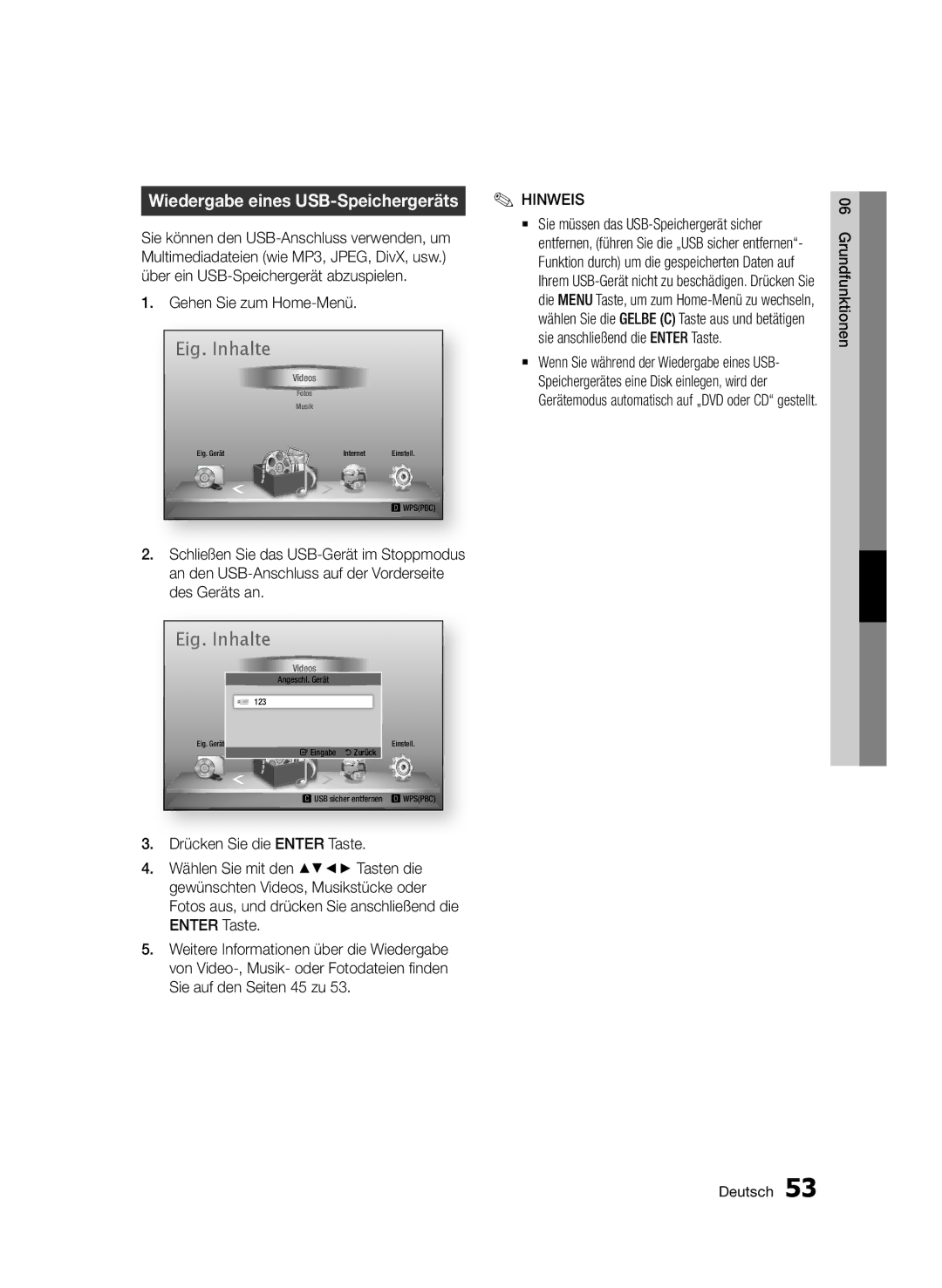 Samsung BD-D7000/EN, BD-D7000/XN Wiedergabe eines USB-Speichergeräts, Gehen Sie zum Home-Menü, Des Geräts an, Enter Taste 