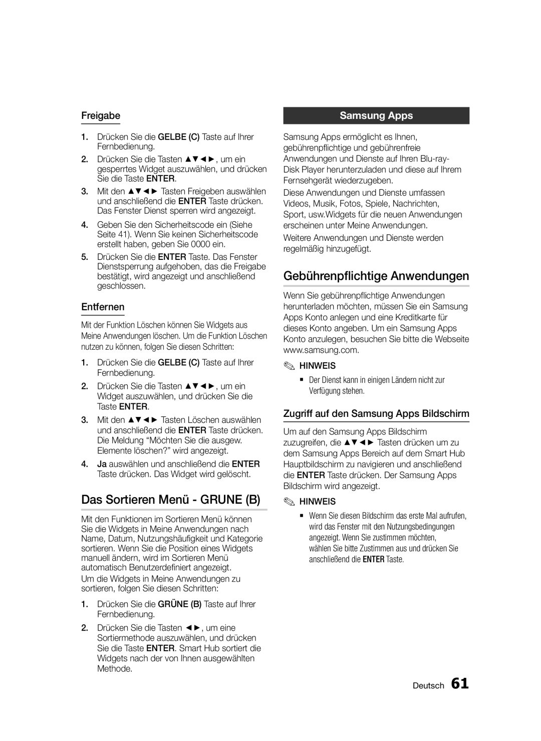 Samsung BD-D7000/EN, BD-D7000/XN, BD-D7000/ZF manual Das Sortieren Menü Grune B, Gebührenpflichtige Anwendungen, Samsung Apps 