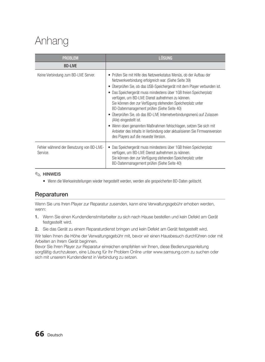 Samsung BD-D7000/ZF, BD-D7000/XN, BD-D7000/EN, BD-D7000/XE manual Reparaturen 