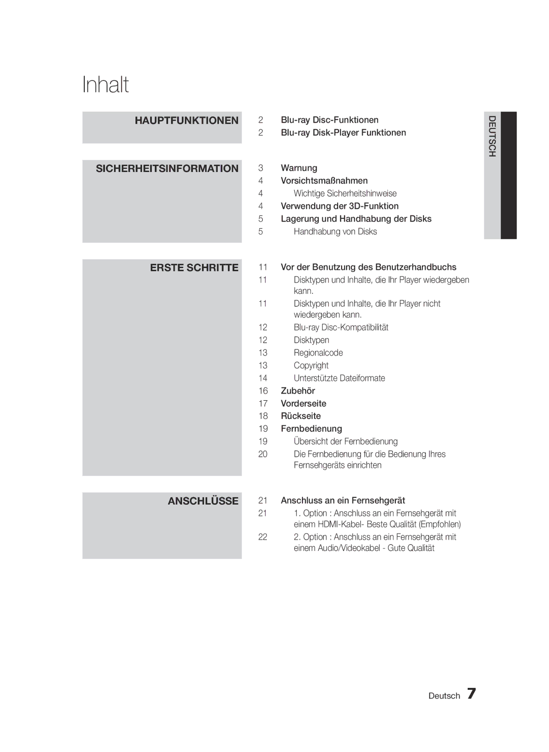 Samsung BD-D7000/XE, BD-D7000/XN, BD-D7000/EN, BD-D7000/ZF manual Inhalt 