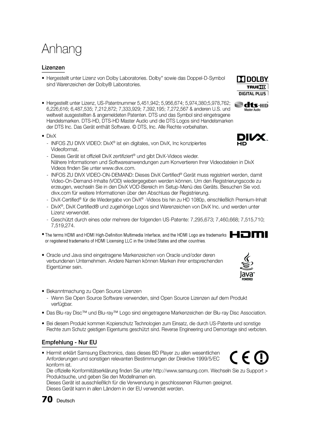 Samsung BD-D7000/ZF, BD-D7000/XN, BD-D7000/EN, BD-D7000/XE manual Lizenzen, Empfehlung Nur EU 