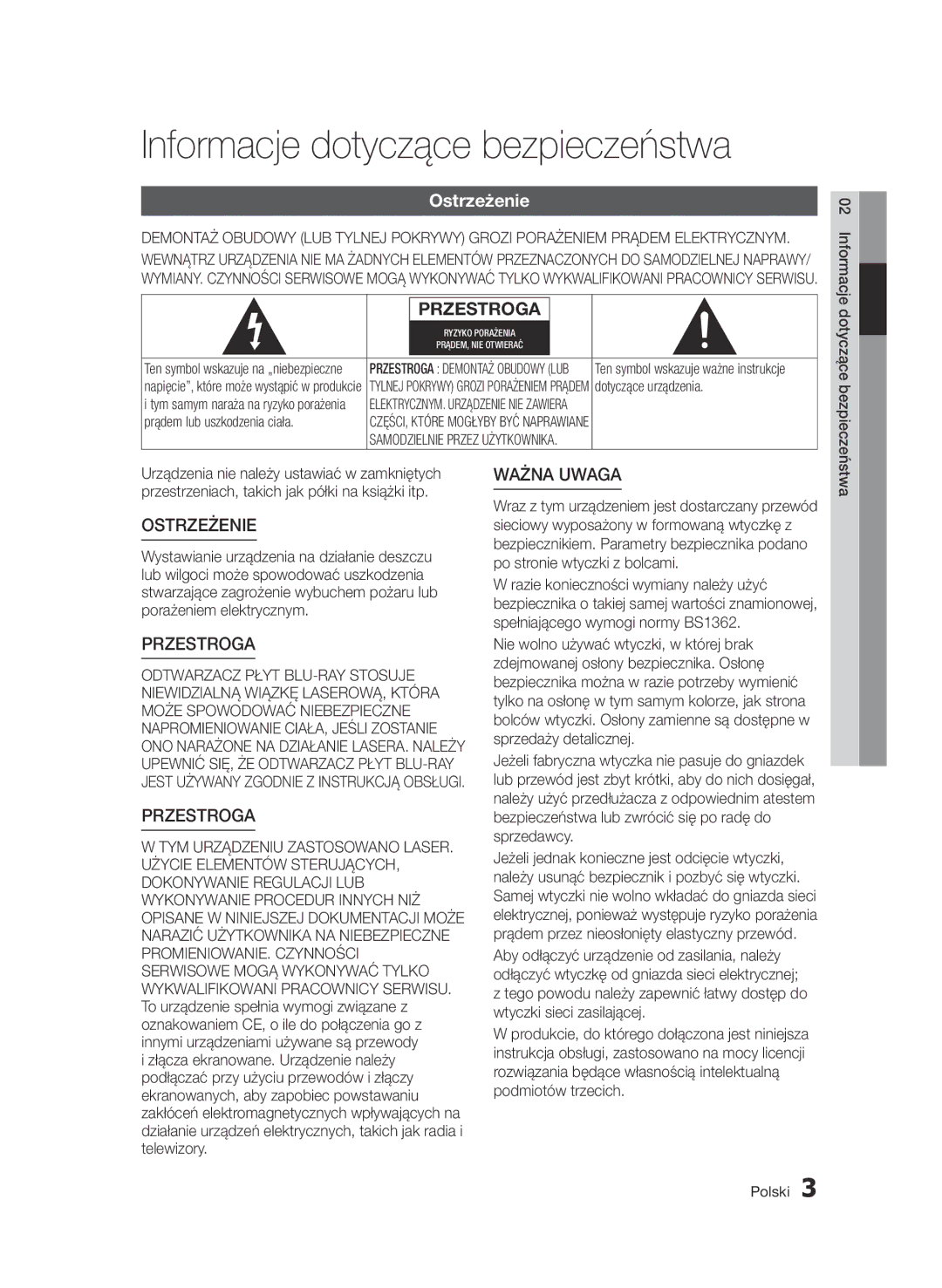 Samsung BD-D7000/XN, BD-D7000/EN, BD-D7000/ZF, BD-D7000/XE manual Informacje dotyczące bezpieczeństwa, Ostrzeżenie 