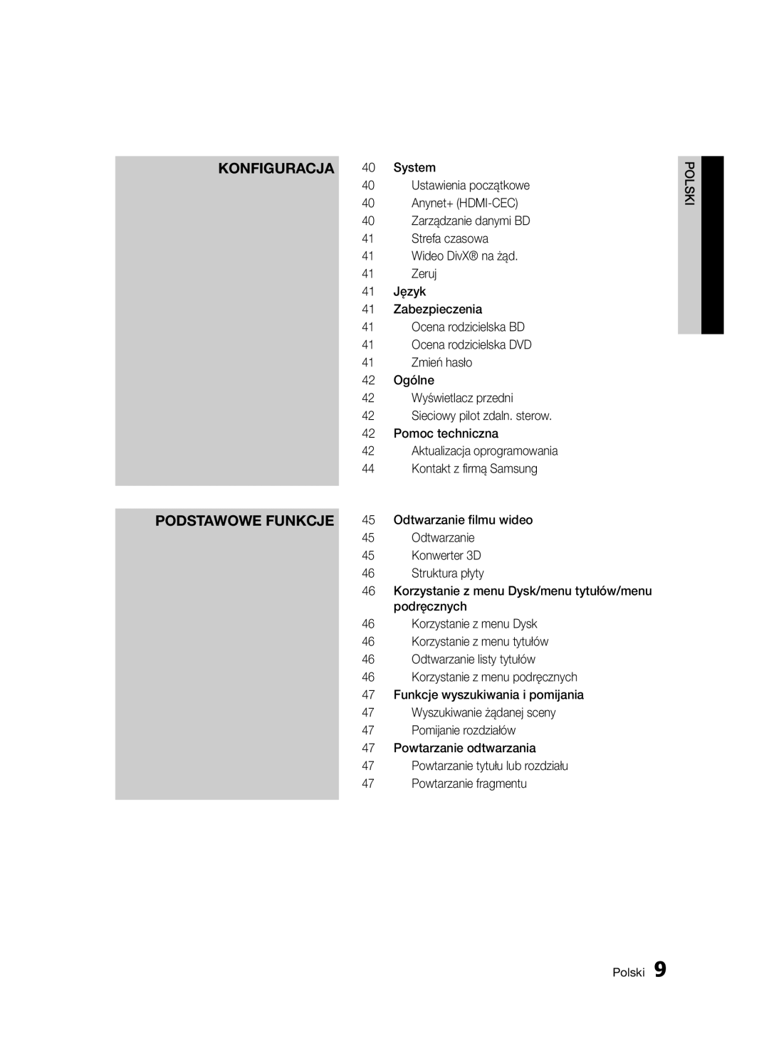 Samsung BD-D7000/ZF, BD-D7000/XN, BD-D7000/EN, BD-D7000/XE manual Konfiguracja Podstawowe funkcje, Podręcznych 