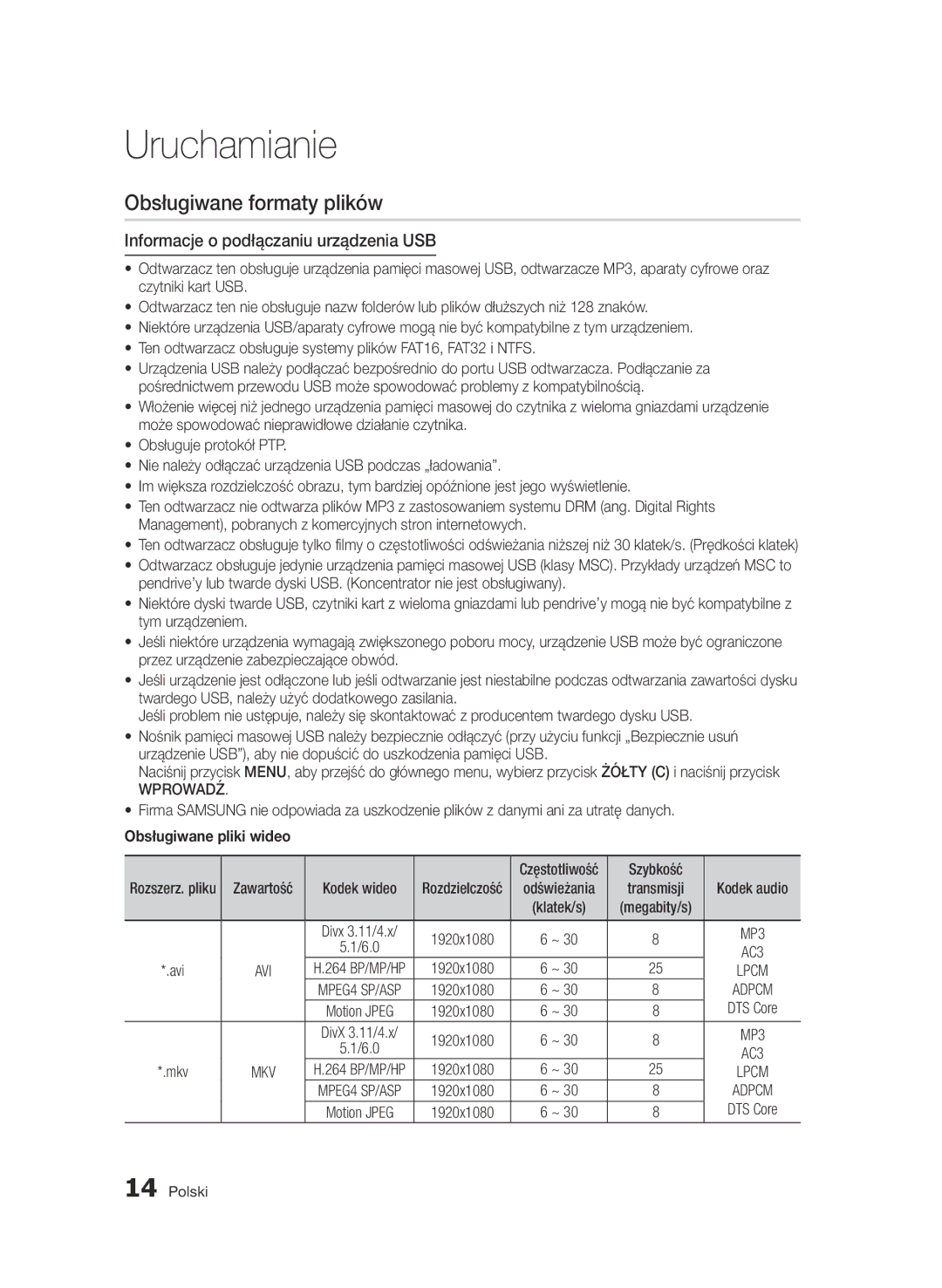 Samsung BD-D7000/XE Obsługiwane formaty plików, Informacje o podłączaniu urządzenia USB, Wprowadź, Obsługiwane pliki wideo 