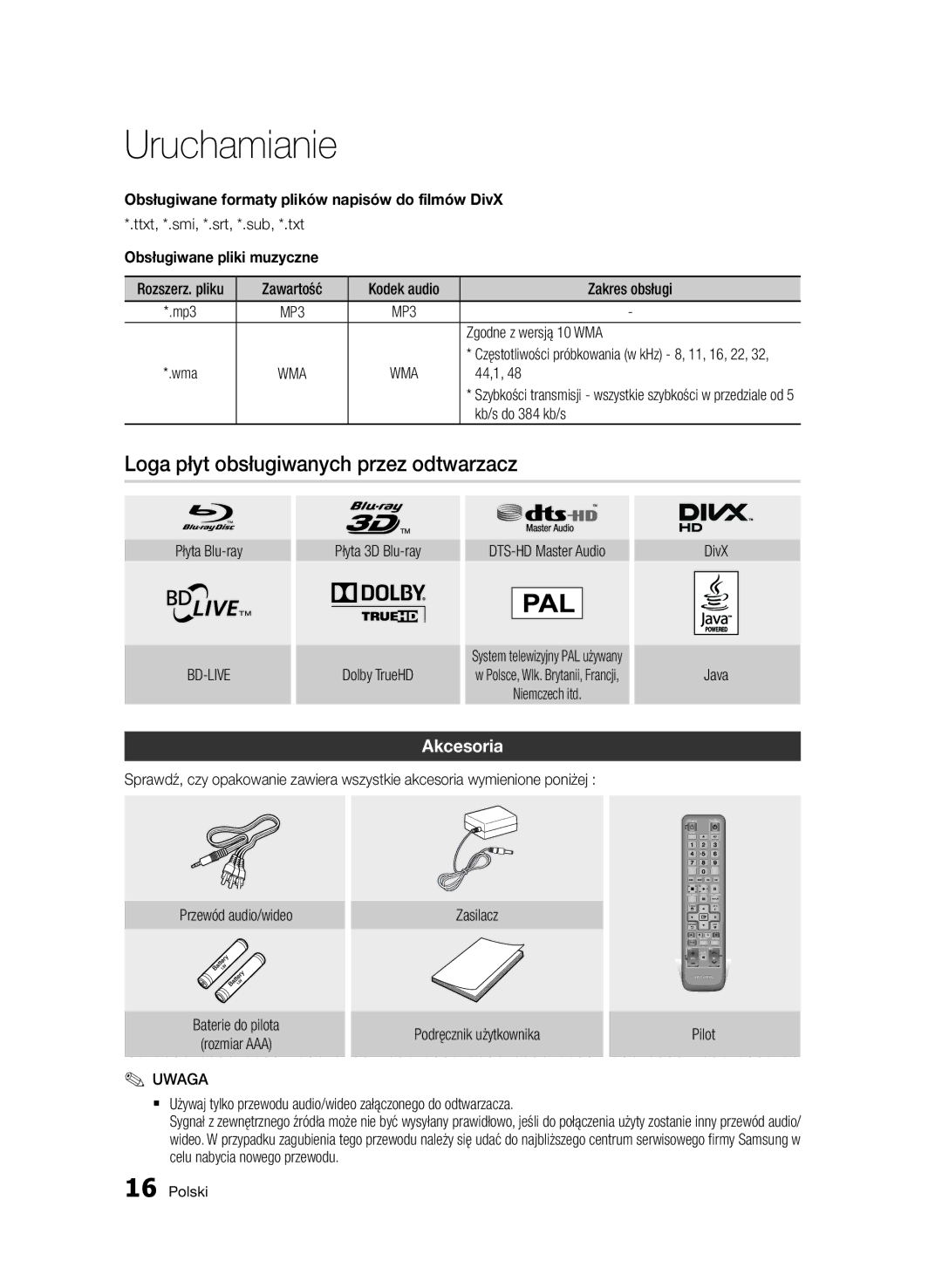 Samsung BD-D7000/EN Loga płyt obsługiwanych przez odtwarzacz, Akcesoria, Obsługiwane formaty plików napisów do filmów DivX 