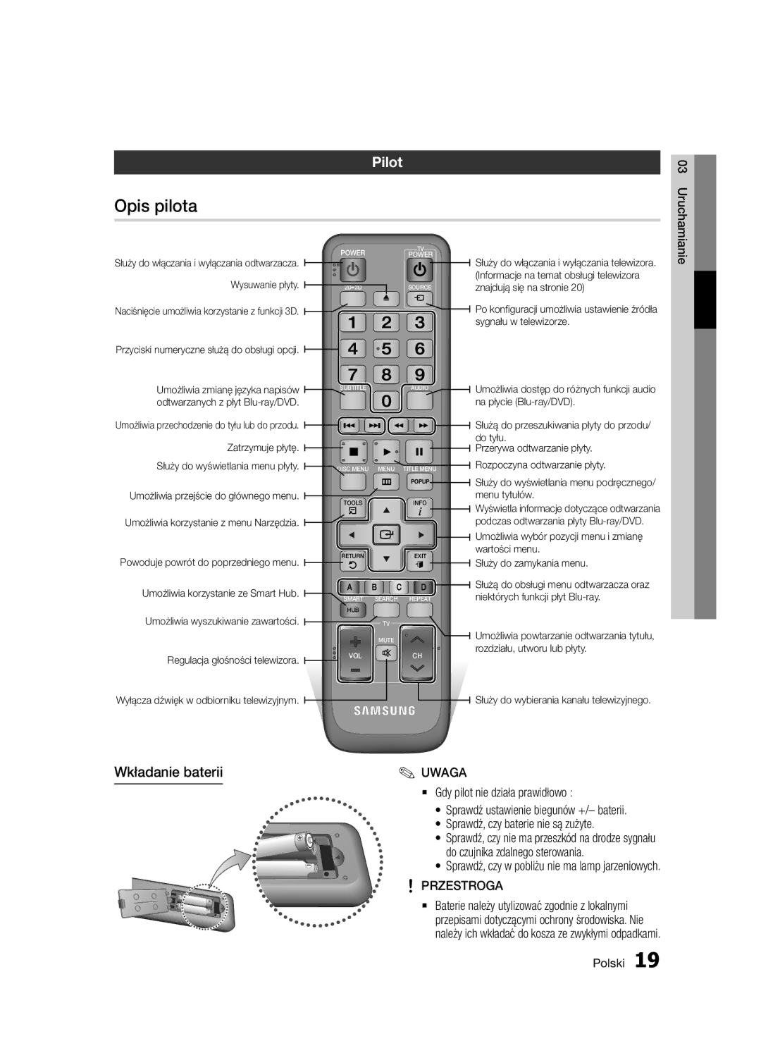 Samsung BD-D7000/XN Opis pilota, Pilot, Wkładanie baterii, Sprawdź, czy w pobliżu nie ma lamp jarzeniowych, Przestroga 