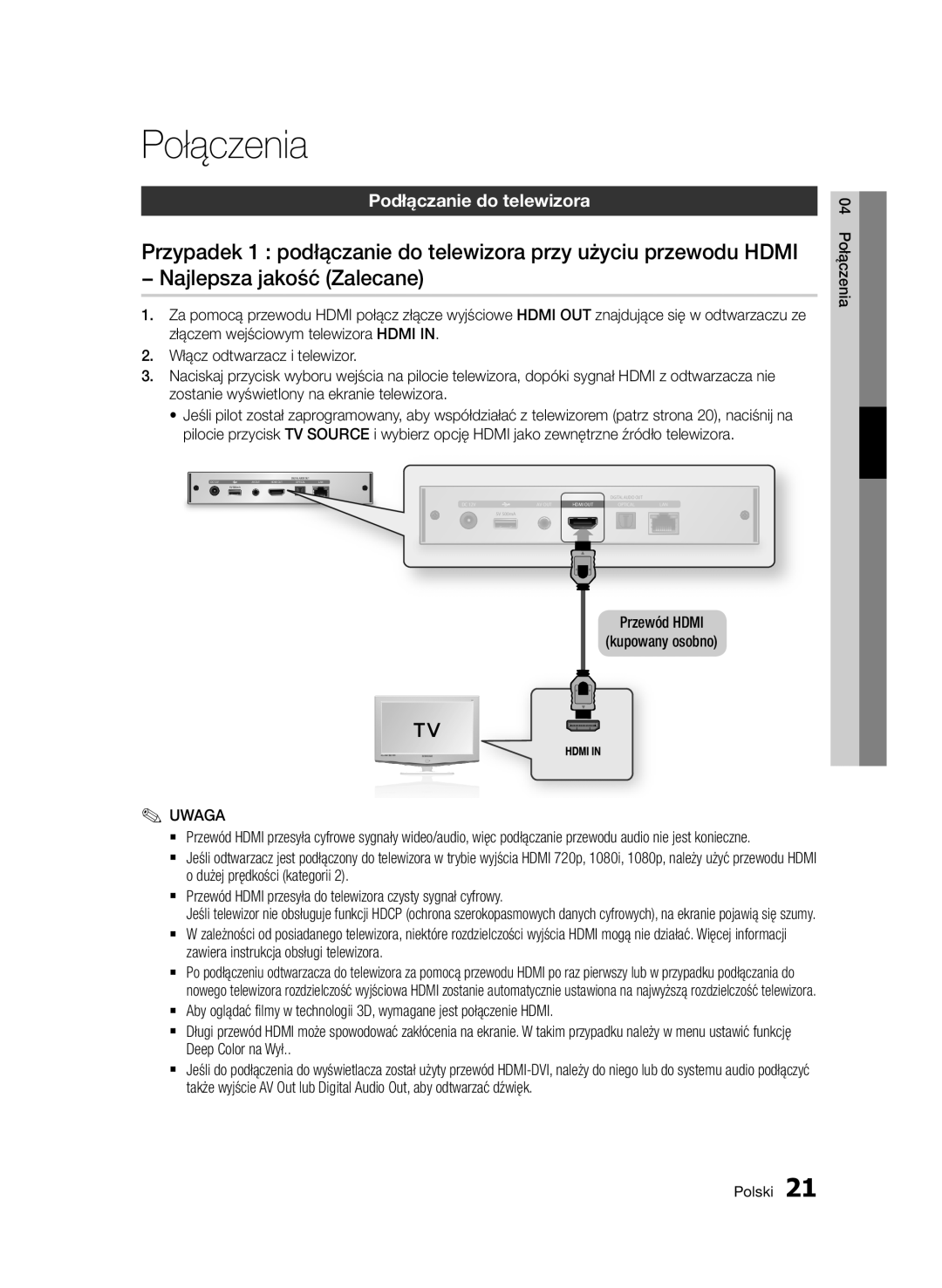 Samsung BD-D7000/ZF, BD-D7000/XN, BD-D7000/EN manual Połączenia, Podłączanie do telewizora, Przewód Hdmi Kupowany osobno 